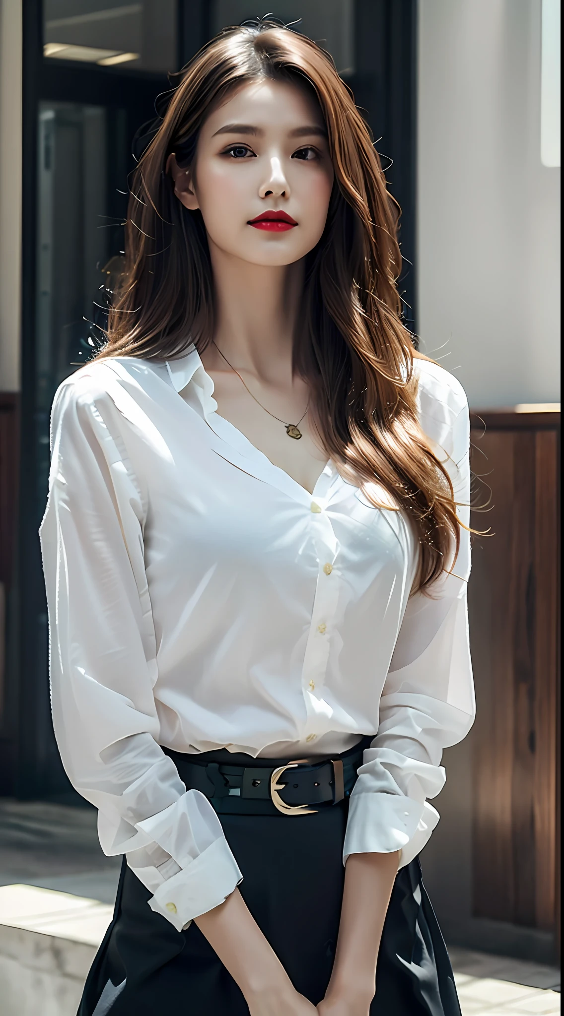 (Best quality, High resolution, Masterpiece :1.3), A tall and pretty woman, Slender abs, Dark brown hair styled in loose waves, Breasts, Wearing pendant, White button up shirt, Belt, Black skirt, (Modern architecture in background), Details exquisitely rendered in the face and skin texture, Detailed eyes, Double eyelid