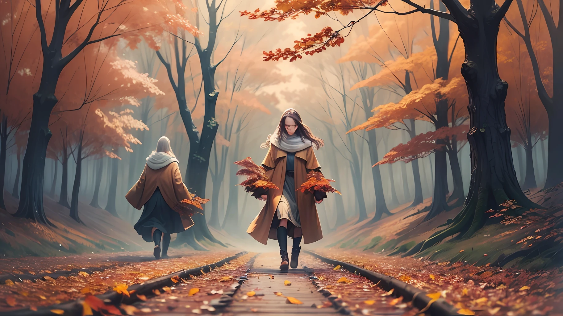 Very beautifully drawn autumn forest. Create a beautiful illustration with this word in a delicate color scheme, using blurred backgrounds, calm lighting, and the presence of natural elements such as leaves, wind, and fog. --auto --s2