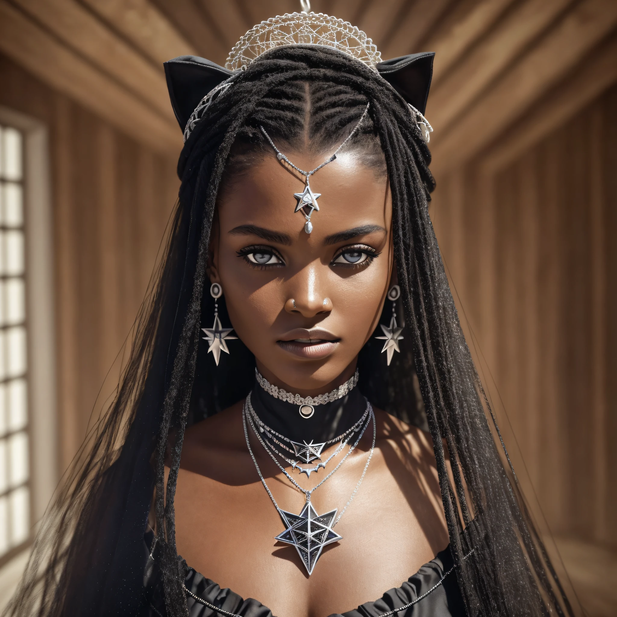 Pombagira woman, pentagram necklace, seventeenth century, black dress. Background: slave quarters, black cat, extreme realistic, light particles, maximum focus, realistic body, realistic face, professional lighting, octane render, beautiful features, unlimited light, magnificent, detailed skin texture, extreme details, cinematic lighting, (masterpiece), (ultra detailed), (Ultra-HD), focus --auto --s2