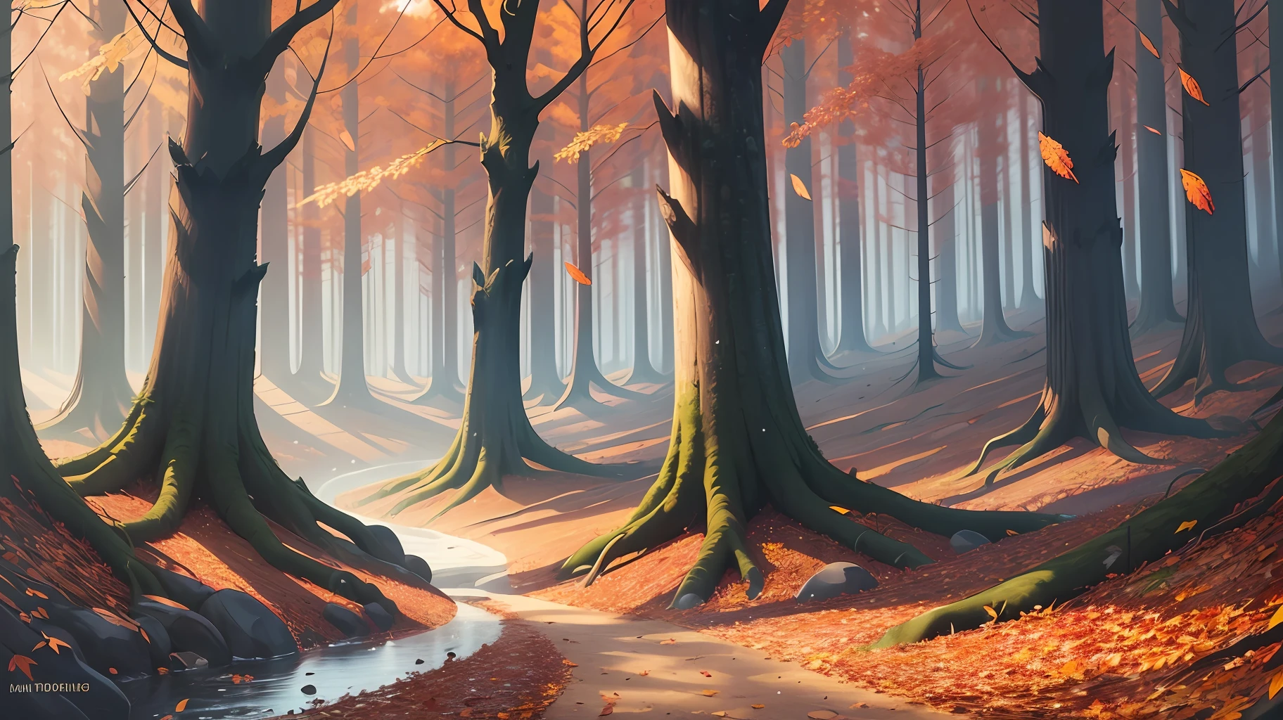 Very beautifully drawn autumn forest. Create a beautiful illustration with this word in a delicate color scheme, using blurred backgrounds, calm lighting, and the presence of natural elements such as leaves, wind, and fog. --auto --s2