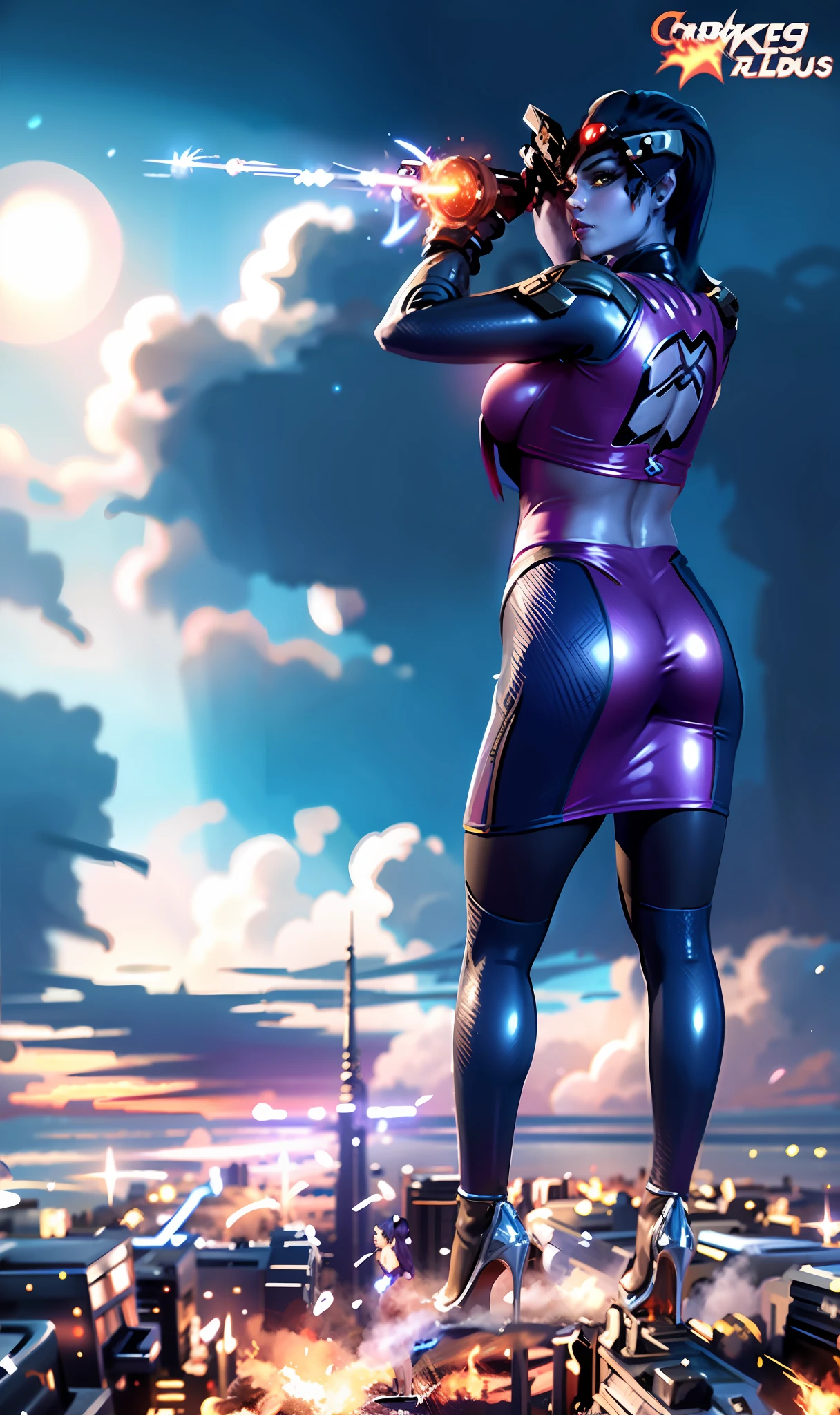 Widowmaker in a dress holding a fireball in her hand, fancy dress, glitter dress, wearing silver dress, distant full body view, full-body view, tight outfit, head to toe, city, nice view, back view