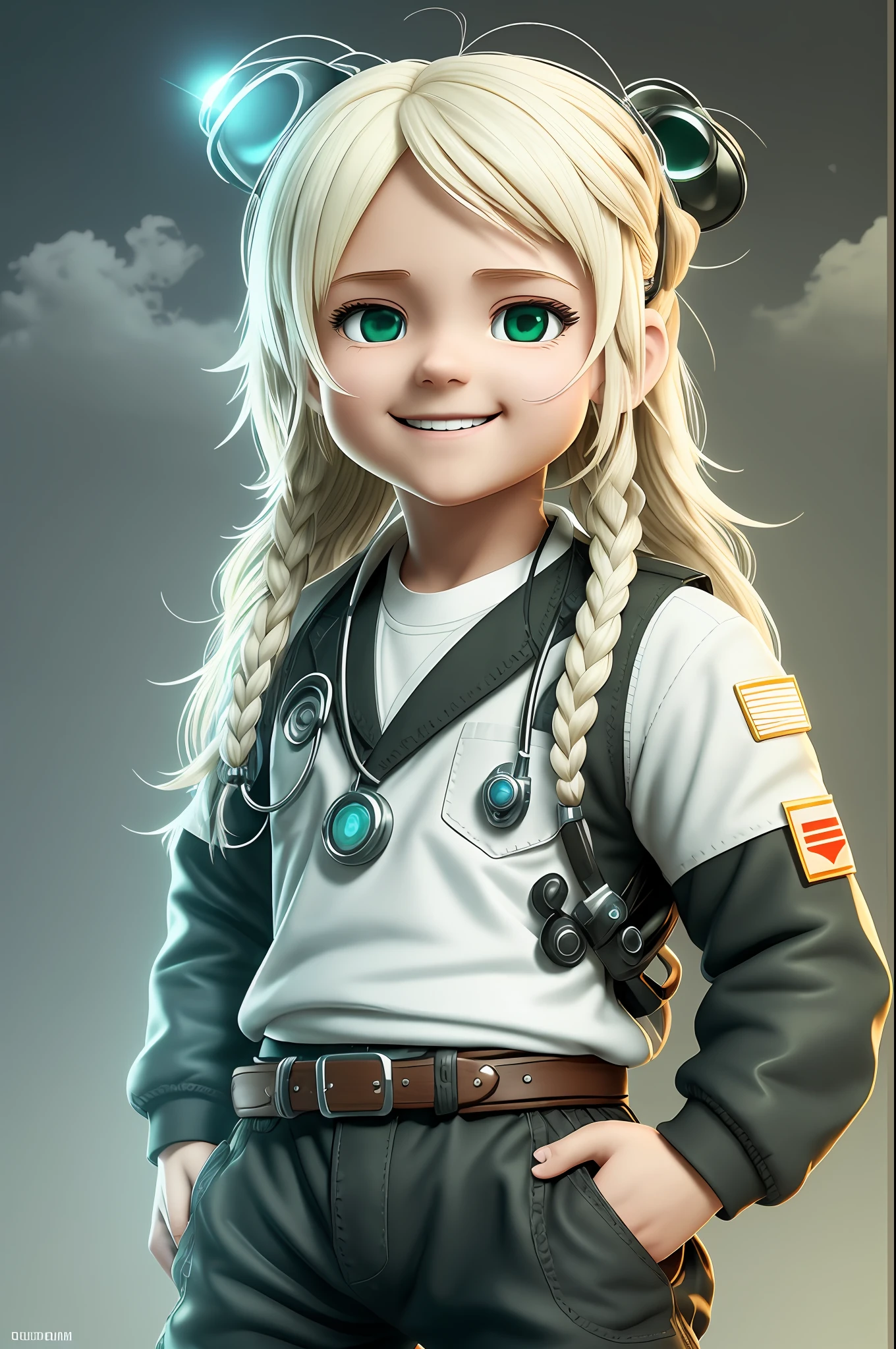A 3D image of a little man, Whole body, standing, beautifful smiling face, black eyes, long blond hair, wearing a nurse white uniform with small green details in a chibi and Disney style, with white clouds in the background, detailed, ultra high definition, 8K, in the style of Quixel Megascans, 3D Scan Store, and Epic Games - @SandroMansini want more?join our official channel for unlimited creation --auto --s2