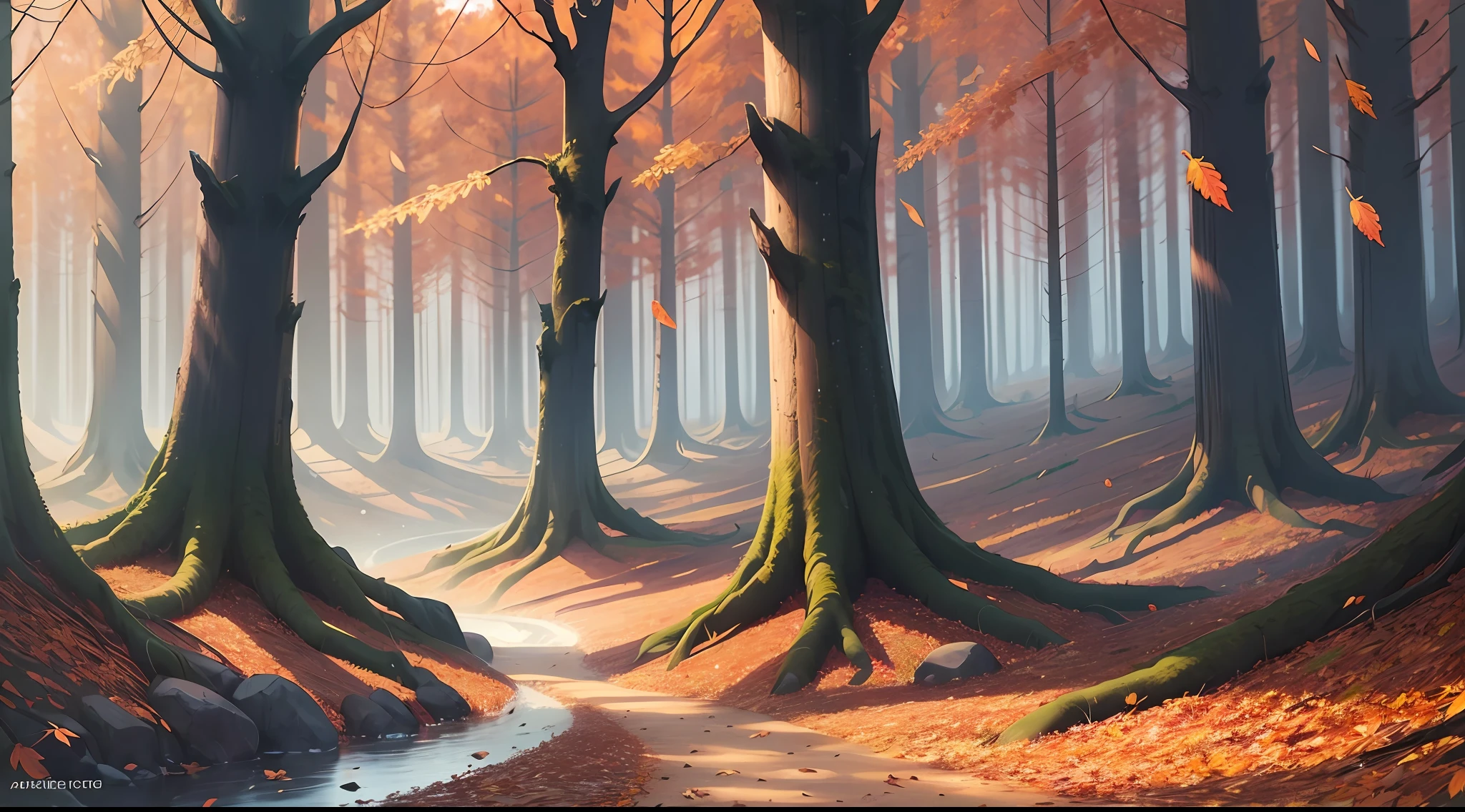 Very beautifully drawn autumn forest. Create a beautiful illustration with this word in a delicate color scheme, using blurred backgrounds, calm lighting, and the presence of natural elements such as leaves, wind, and fog. --auto --s2