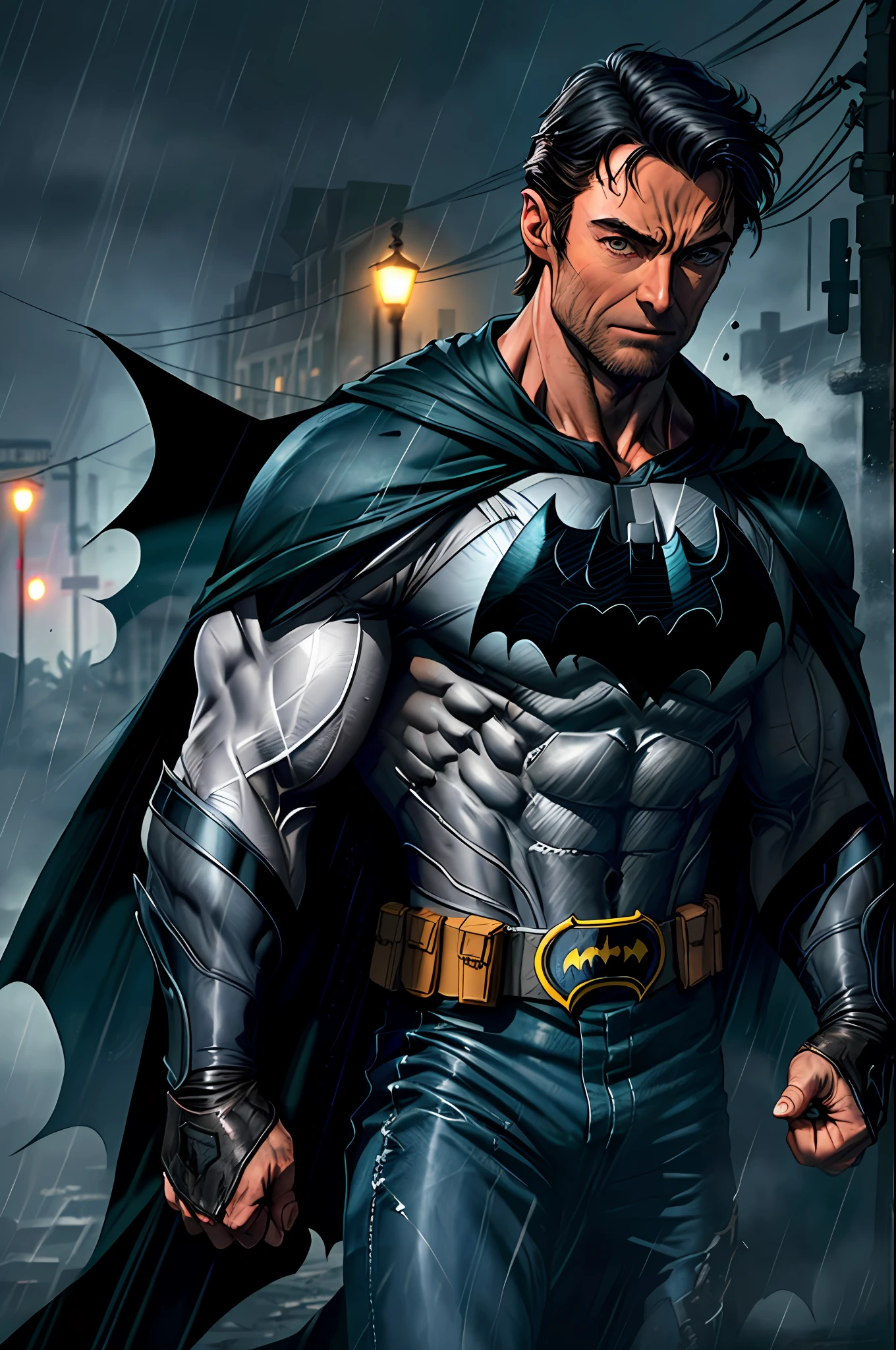 AS-Younger:1 1boy, dark scene, illustration (cowboy shot of Hugh Jackman as batman), athletic, white eyes, no pupils, night city, (mist), particles, light rain, male focus, muscular, muscular male, ragged and torn cape, night, outdoors, rain, serious, dark atmosphere, detailed background, ((empty hands)), award winning, masterpiece, realistic:1.35,