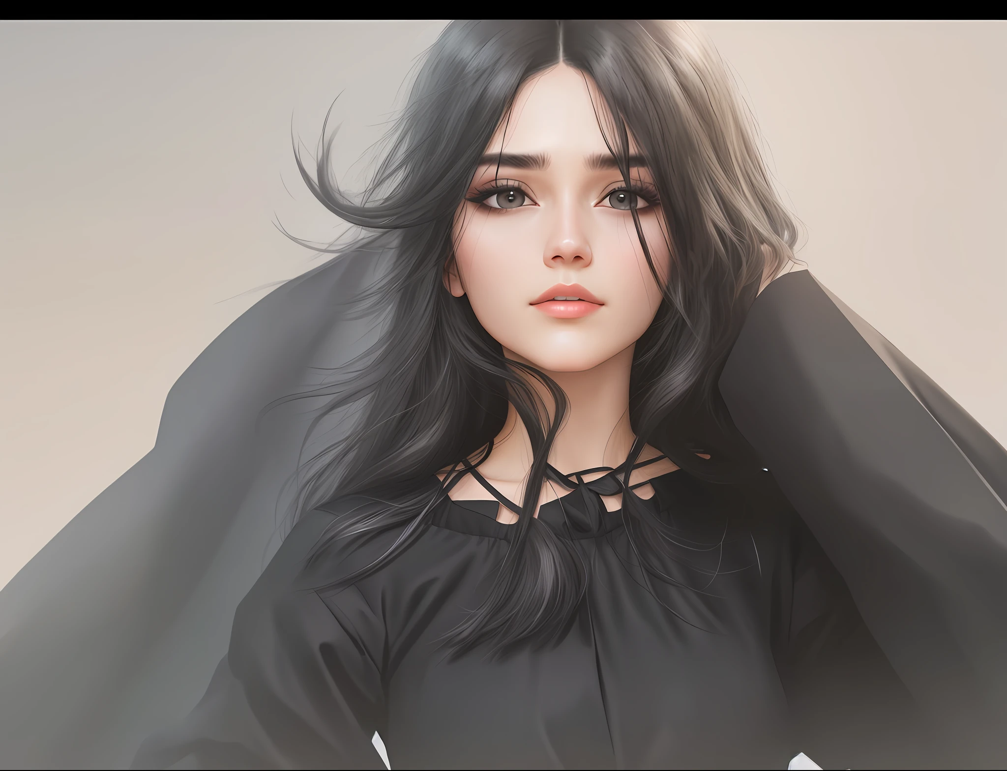 black blouse, woman, black eyes, black hair, 4k, ultra realist