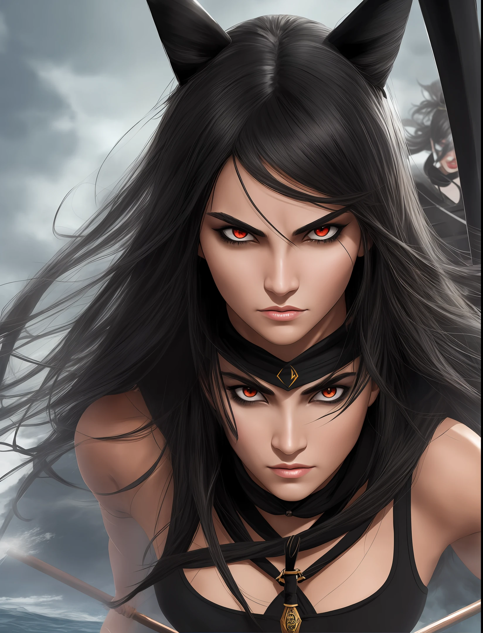 Black witch with rowing face with bulging eyes would be