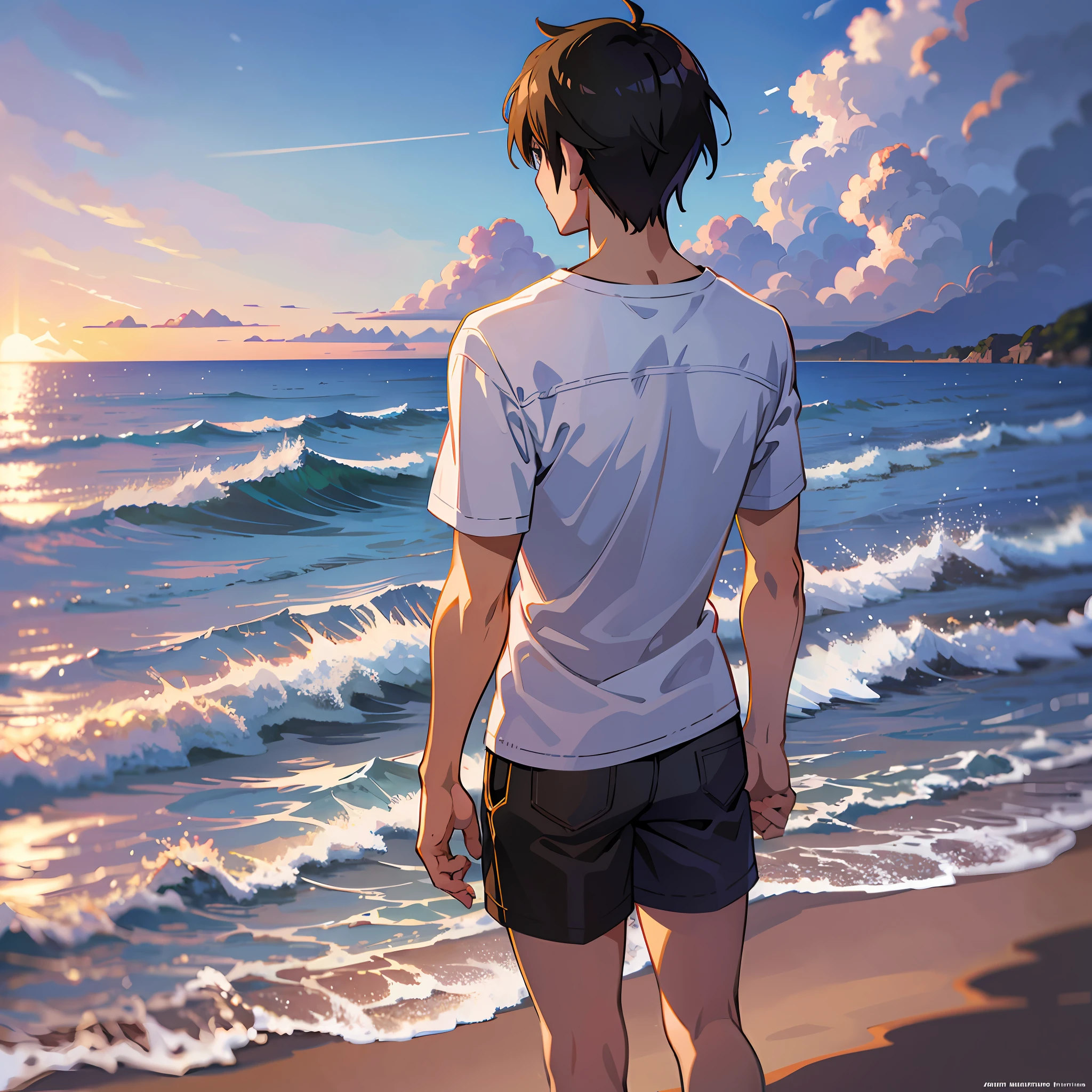 Ultra-fine illustration, anime - style photo of man standing on the beach looking at the sea, Makoto Shinkai art style, Makoto Shinkai style, Makoto Shinkai!!, Makoto Shinkai!, handsome anime pose, shoulder visible, Makoto Shinkai. Digital rendering, 4K manga wallpaper, Makoto Shinkai style, t-shirt, upper body, from behind --auto --s2
