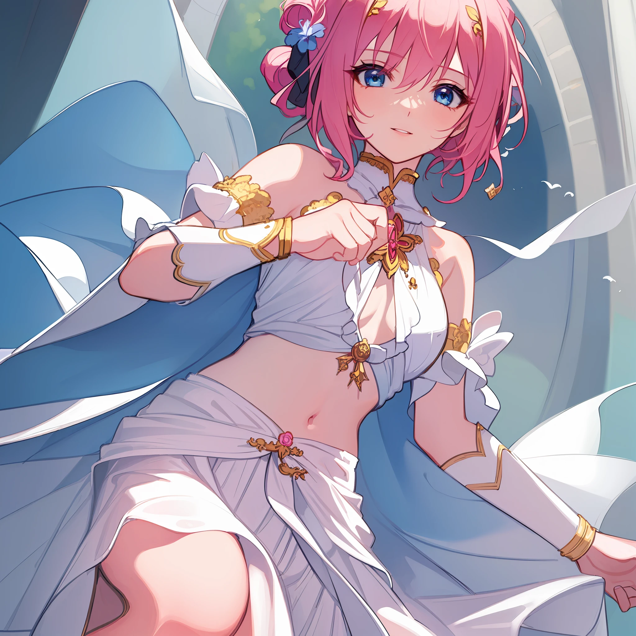 ((Masterpiece))), (((Best Quality)))), (((Very Detailed))), Da Illustration, 1 Girl, Solo, Watch Viewer, Detailed Fingers, Illustration, Pink Hair, Gentle Expression, Leaning Eyes, Shoulder Out, Navel Out, White Costume, Ritual Outfit Yui, Dynamic Pose