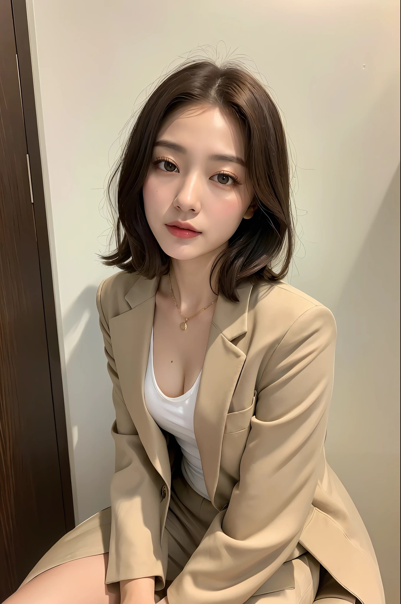(Best quality, 8k, 32k, Masterpiece, UHD:1.2),Photo of Pretty japanese woman, 1girl, (medium-short dark brown hair), double eyelid, thin beige suit jacket, white tank top, brown skirt, necklace with small charm, sitting on office chair aiuehara