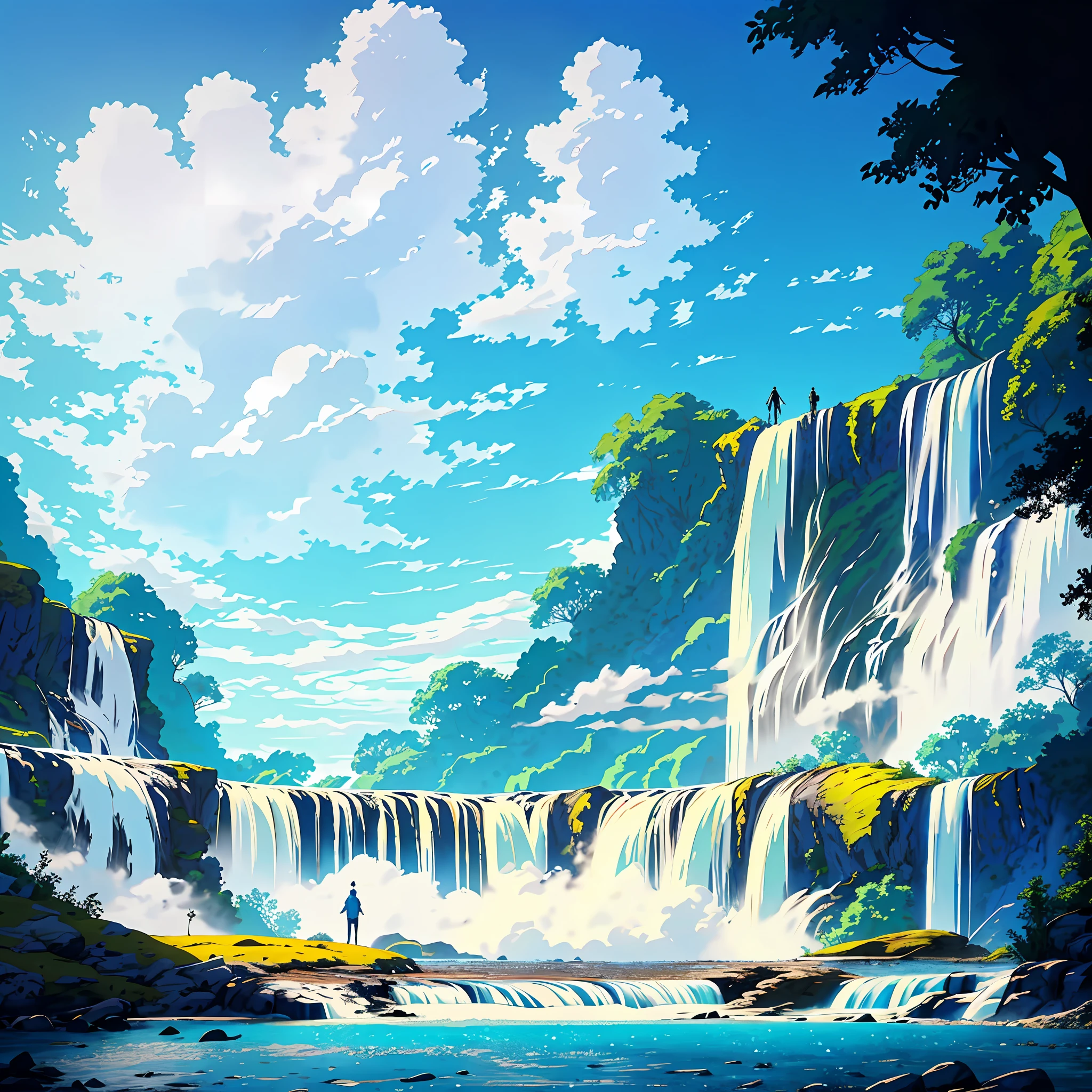 ConceptArt, no humans, scenery, water, sky, day, tree, cloud, waterfall, outdoors, building, nature, river, blue sky