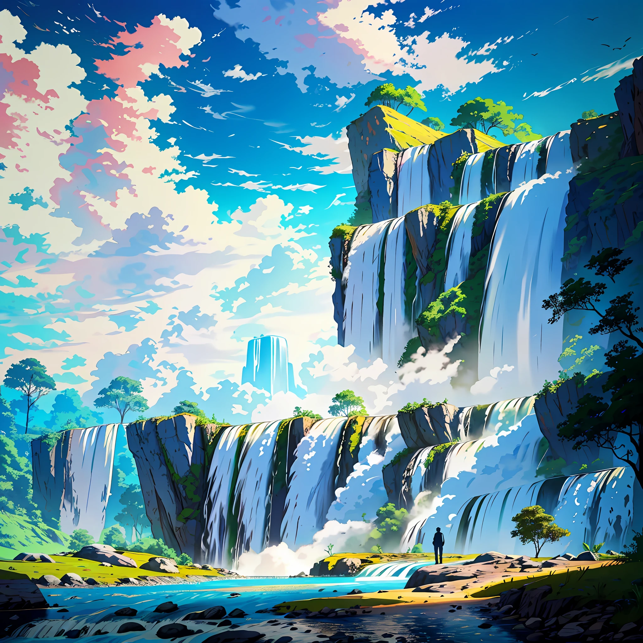 ConceptArt, no humans, scenery, water, sky, day, tree, cloud, waterfall, outdoors, building, nature, river, blue sky