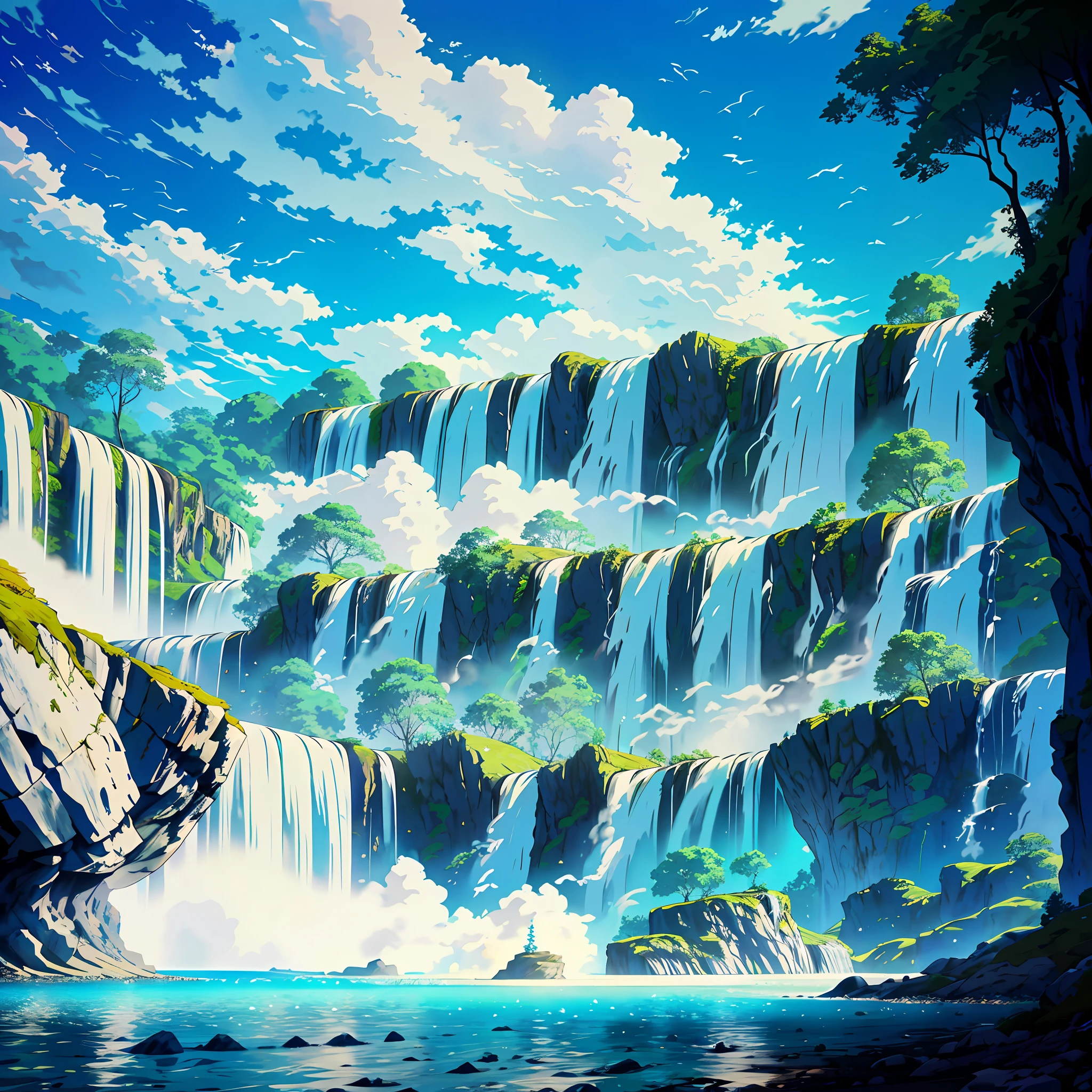 ConceptArt, no humans, scenery, water, sky, day, tree, cloud, waterfall, outdoors, building, nature, river, blue sky