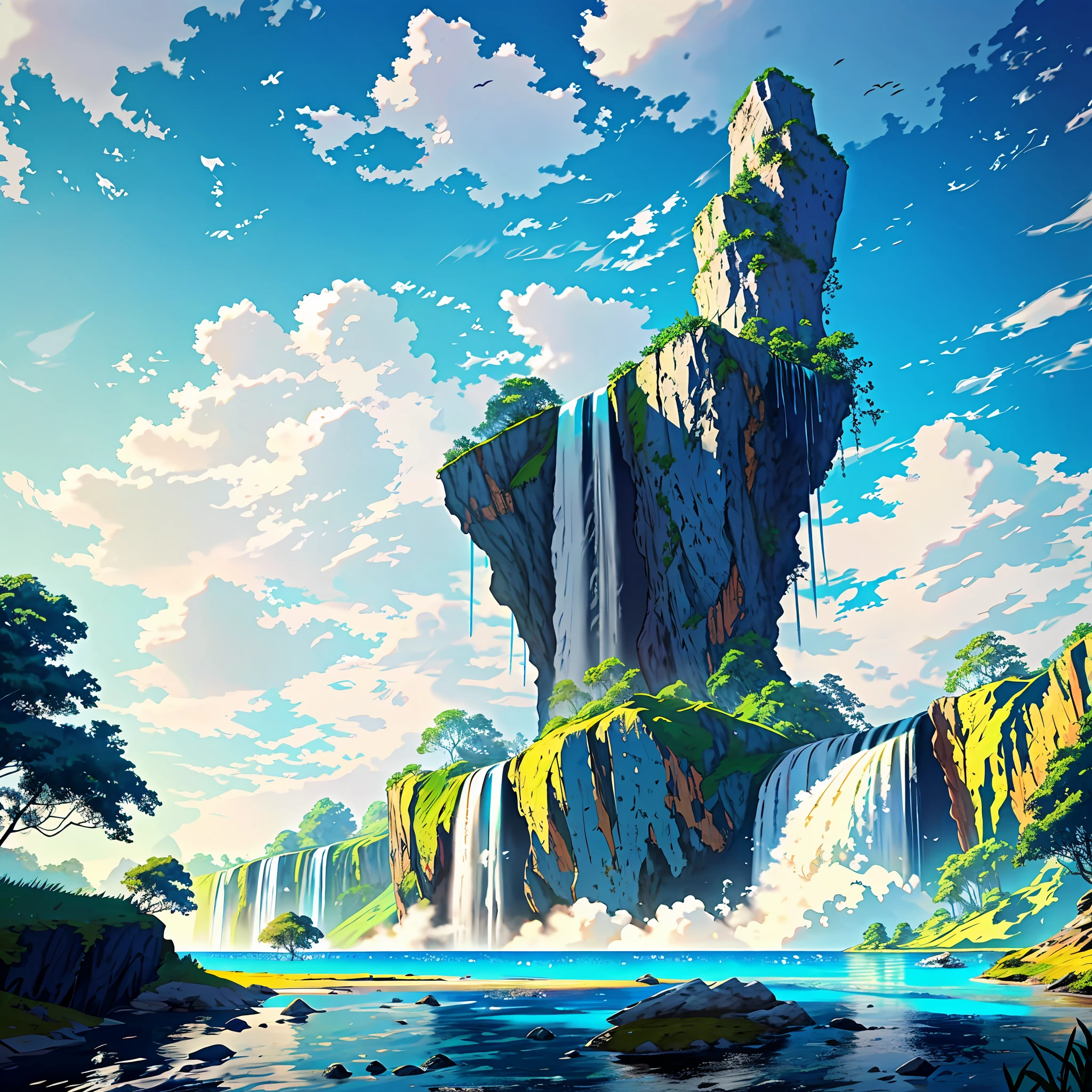 ConceptArt, no humans, scenery, water, sky, day, tree, cloud, waterfall, outdoors, building, nature, river, blue sky