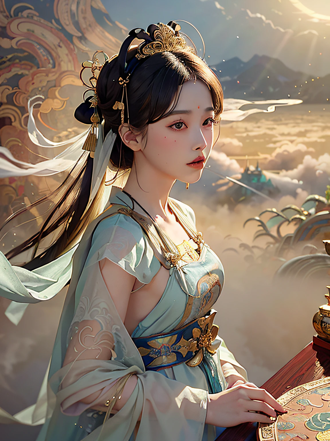 nsfw,masterpiece, best quality, (dark photo:1.3), photorealistic, 1girl, ulzzang, (PureErosFace_V1:0.7), 1 girl ((flying)) under moon ,Chinese immortals,dunhuang_cloths,dunhuang_style, (background is chinese Palace on Heavenly:1.5), (The ground is filled with clouds:1.5, surrounded by smoke:1.5), best quality, realistic, photorealistic, award-winning illustration, (intricate details:1.2), (delicate detailed), (intricate details), (cinematic light, best quality Backlights), clear line,fashion girl, sharp focus, realistic face,detailed face,official art, unity 8k wallpaper, ultra high res, (photorealistic:1.5), looking at viewer, ulzzang-6500,