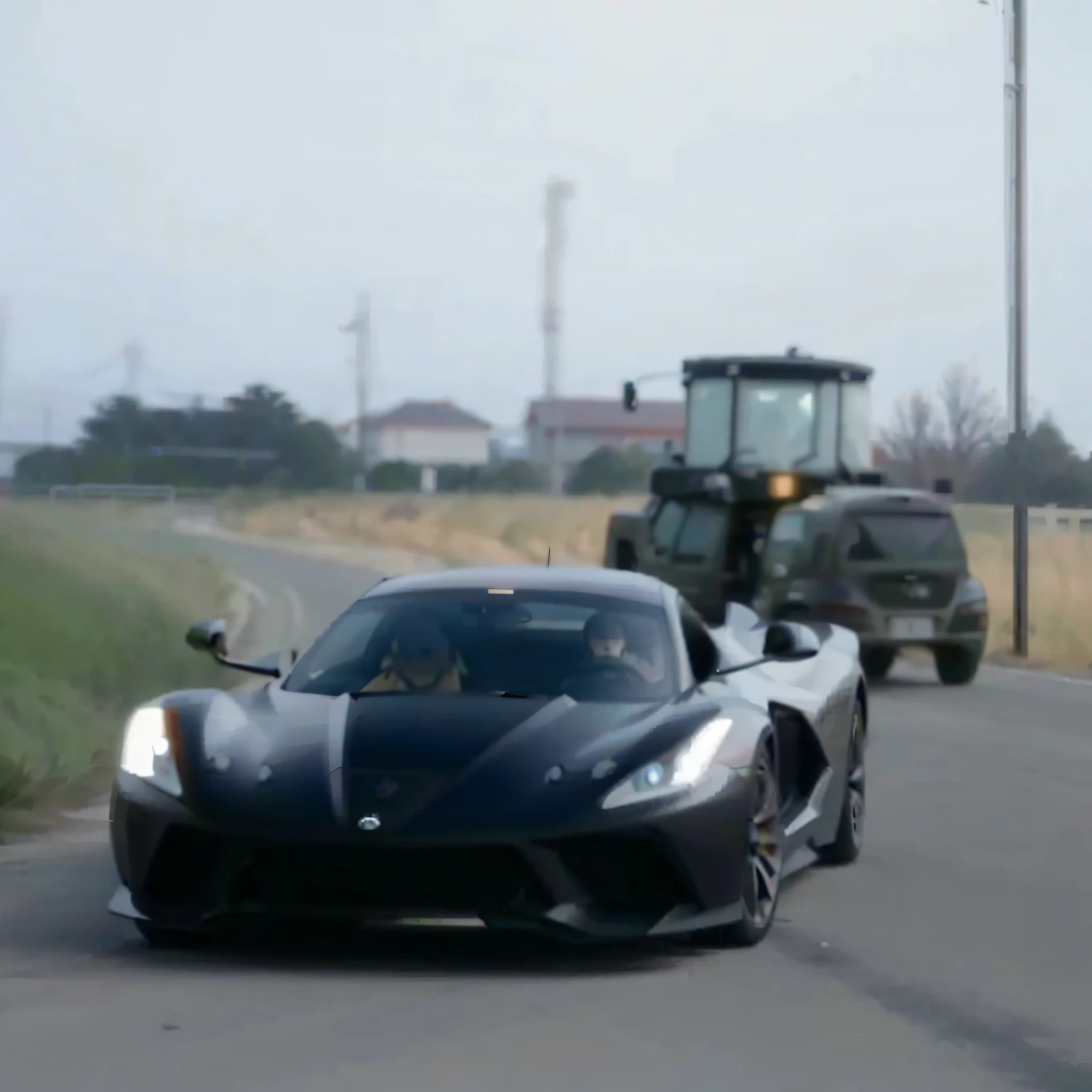 A black sports car driving on the road, extremely strong wind, high-speed chase, high wind, HD quality, 4K picture quality, handsome sports car on the highway, the car moves fast, the license plate says SAROTIN, there are no cars and people around.