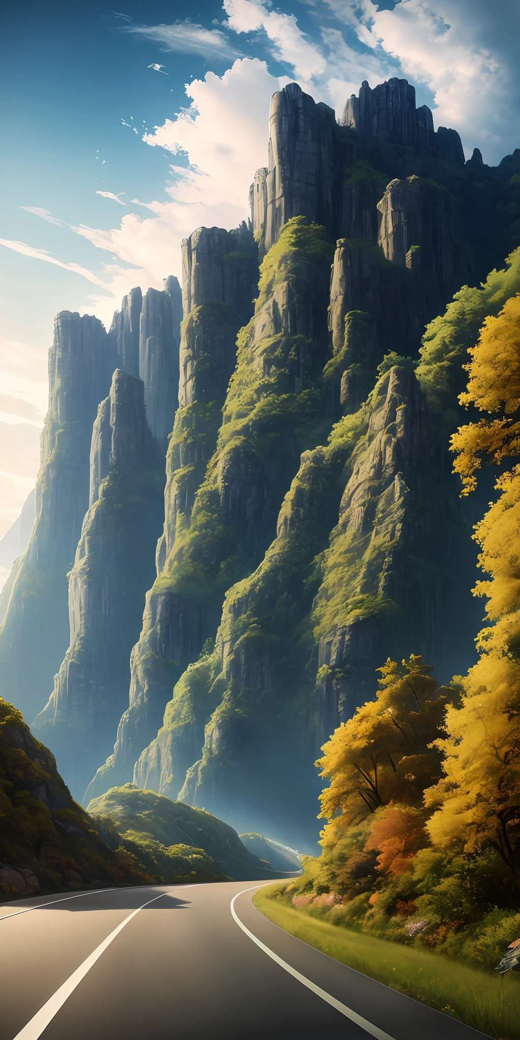 Masterpiece, Top quality, High quality, Highly detailed CG unity 8k wallpaper, Scenery, Outdoors, Sky, Clouds, Sun, No people, Mountains, Scenery, Water, Trees, Blue sky, Waterfalls, Cliffs, Nature, Lakes, Rivers , cloudy sky, award-winning photography, bokeh, depth of field, HDR, bloom, chromatic aberration, photorealistic, highly detailed, artstation trend, CGsociety trend, complex, high detail, dramatic, on the road art