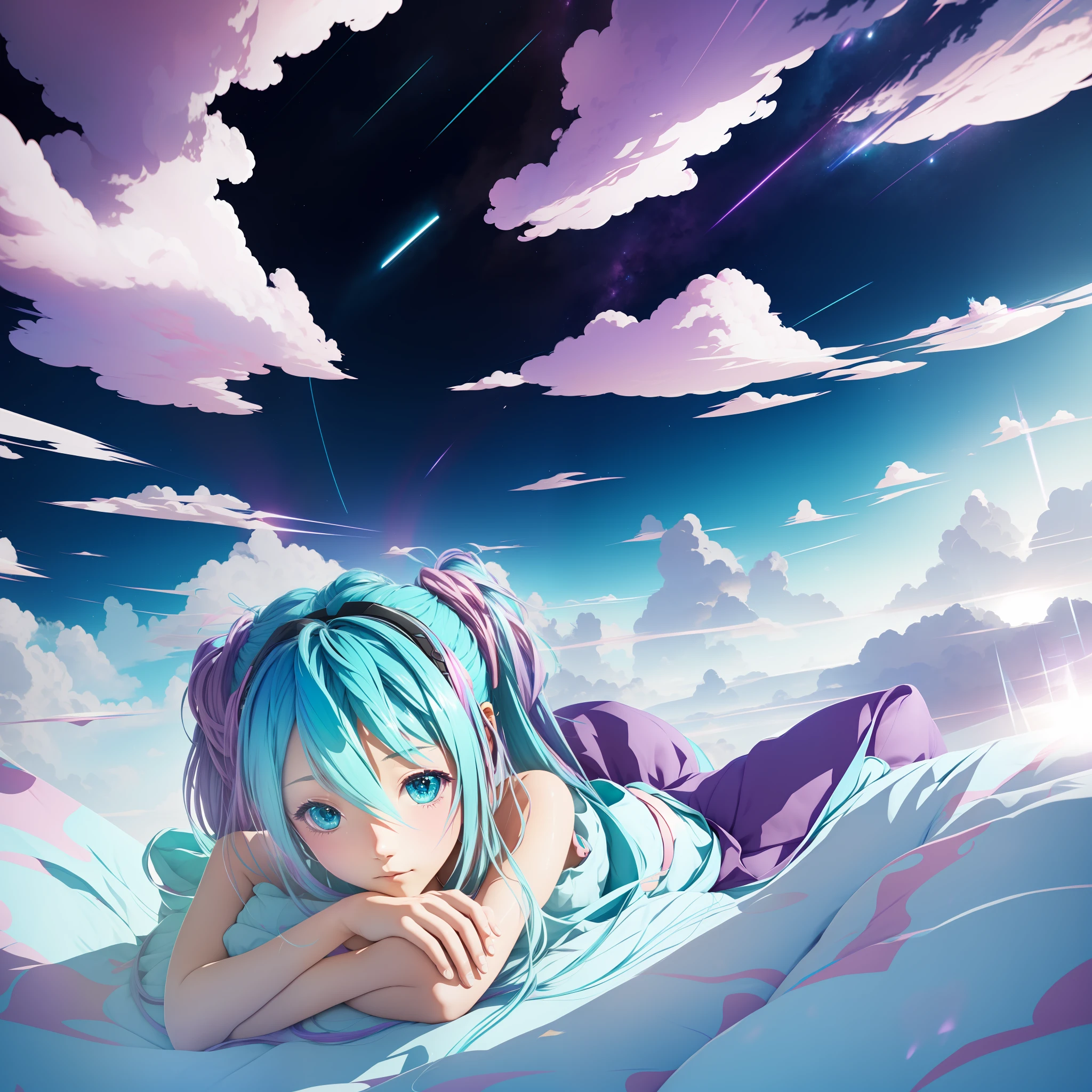 Extremely detailed CG unity 8k wallpaper, showcasing the amazing "Hatsune Miku". Best illumination and shadow effects, an extremely delicate and beautiful depiction. Miku is floating atop a bed of clouds, blue eyes shining bright. Her pastel-colored hair is the focus, featuring shades of blue, pink, and purple (multicolored_hair: 1.3). The background is a mix of city lights and wide-shot panning through the clouds, providing a sense of freedom and weightlessness.