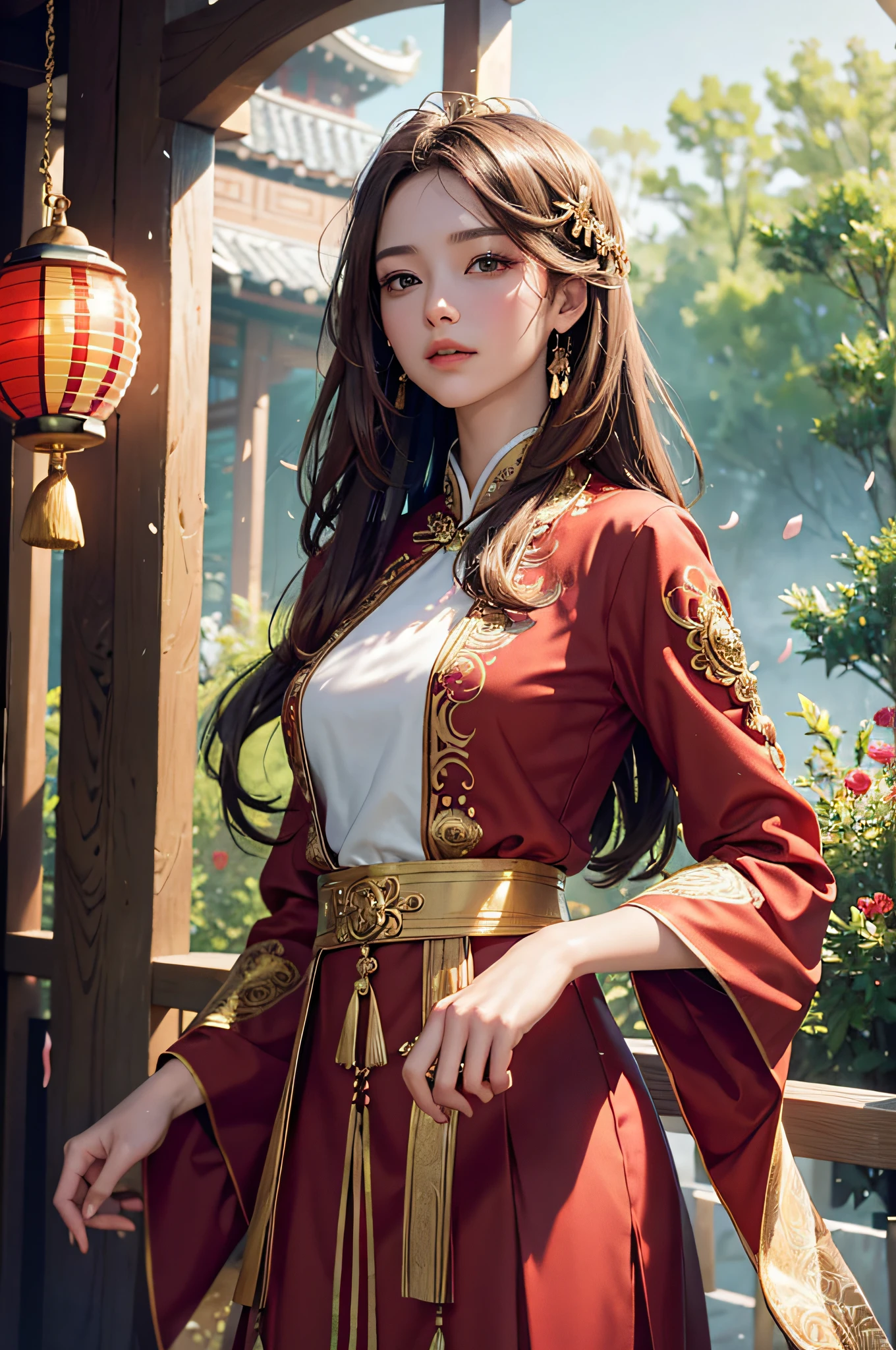 best quality, masterpiece, highres, (exquisite body:1.5),gorgeous face,(milky skin:1.3),intricate details,high resolution,wallpaper,
1girl, solo, dress, hair ornament, (((gold and red dress))), flowers, long hair, brown hair, closed mouth, jewelry, long sleeves, hand up, wide sleeves, big eyes,floating hair, chinese clothes, hanfu, embroidery, long skirt, natural pose, falling petals, indoor,fanning, lantern,
16K,HDR,highres,depth field,(film grain:1.1),boken,golden hour,(lens flare),vignette,rainbowing,(color grading:1.5)