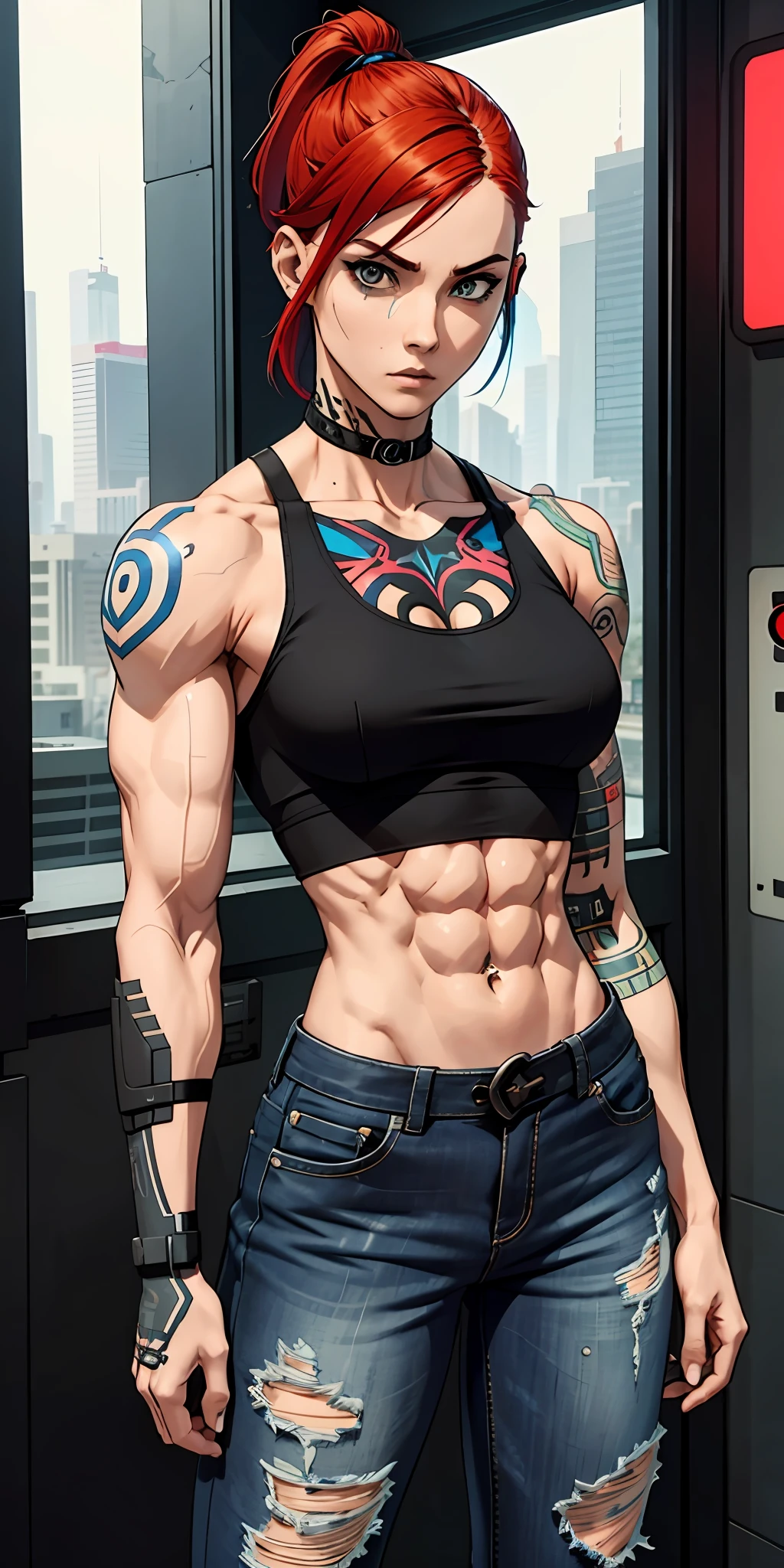 Boy, male body, adult, cyberpunk, tattoed girl face, serious face, redhead, blue hair (sidecut),perfect body, fit body, thin waist, tank top, muscular, small female chest, black jeans, boot, pretuberance, sissy, femboy