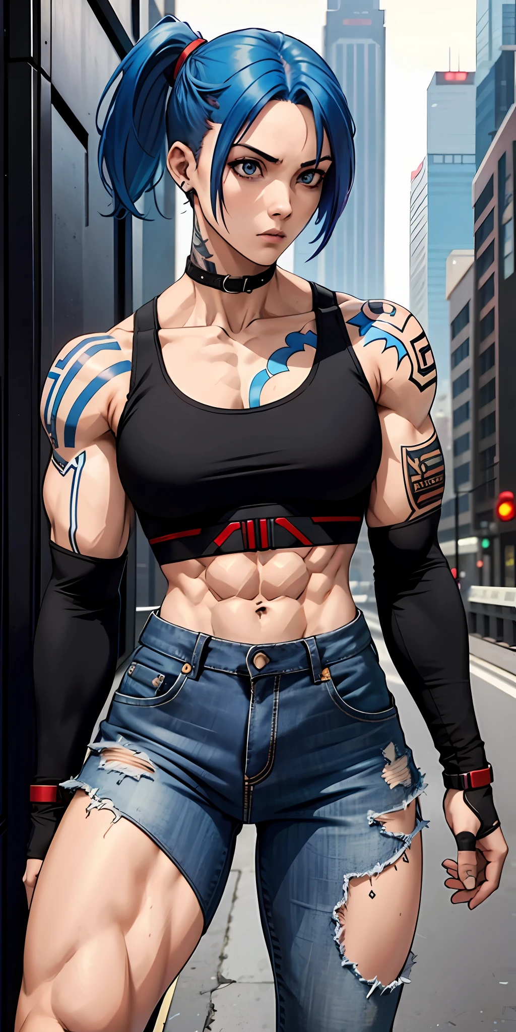 Boy, male body, adult, cyberpunk, tattoed girl face, serious face, redhead, blue hair (sidecut),perfect body, fit body, thin waist, tank top, muscular, small female chest, black jeans, boot, pretuberance, sissy, femboy