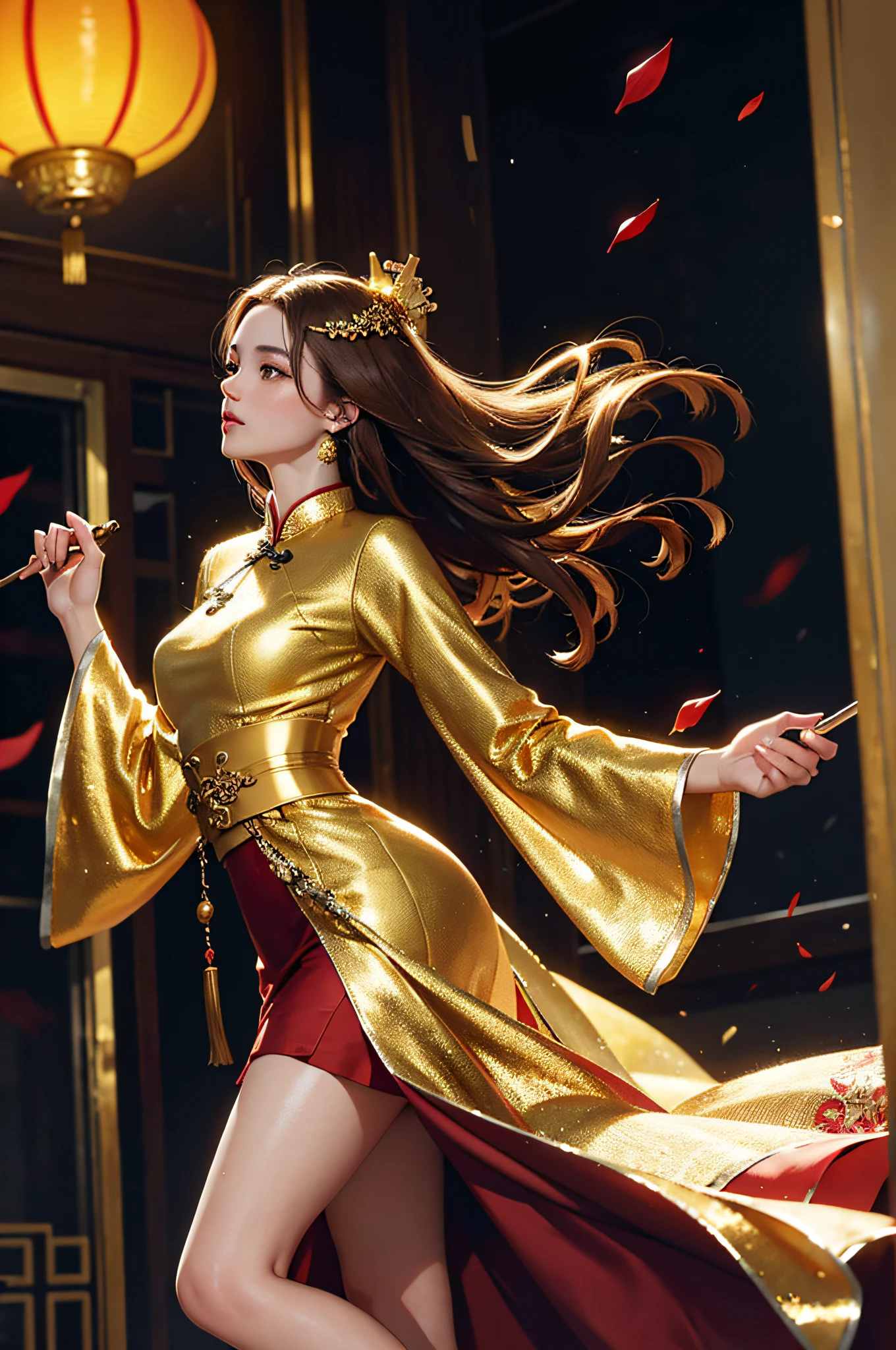 best quality, masterpiece, highres, (exquisite body:1.5),gorgeous face,(milky skin:1.3),intricate details,high resolution,wallpaper,
1girl, solo, dress, hair ornament, (((gold and red dress))), flowers, long hair, brown hair, closed mouth, jewelry, long sleeves, hand up, wide sleeves, big eyes,floating hair, chinese clothes, hanfu, embroidery, long skirt, natural pose, falling petals, indoor,fanning, lantern,
16K,HDR,highres,depth field,(film grain:1.1),boken,golden hour,(lens flare),vignette,rainbowing,(color grading:1.5)