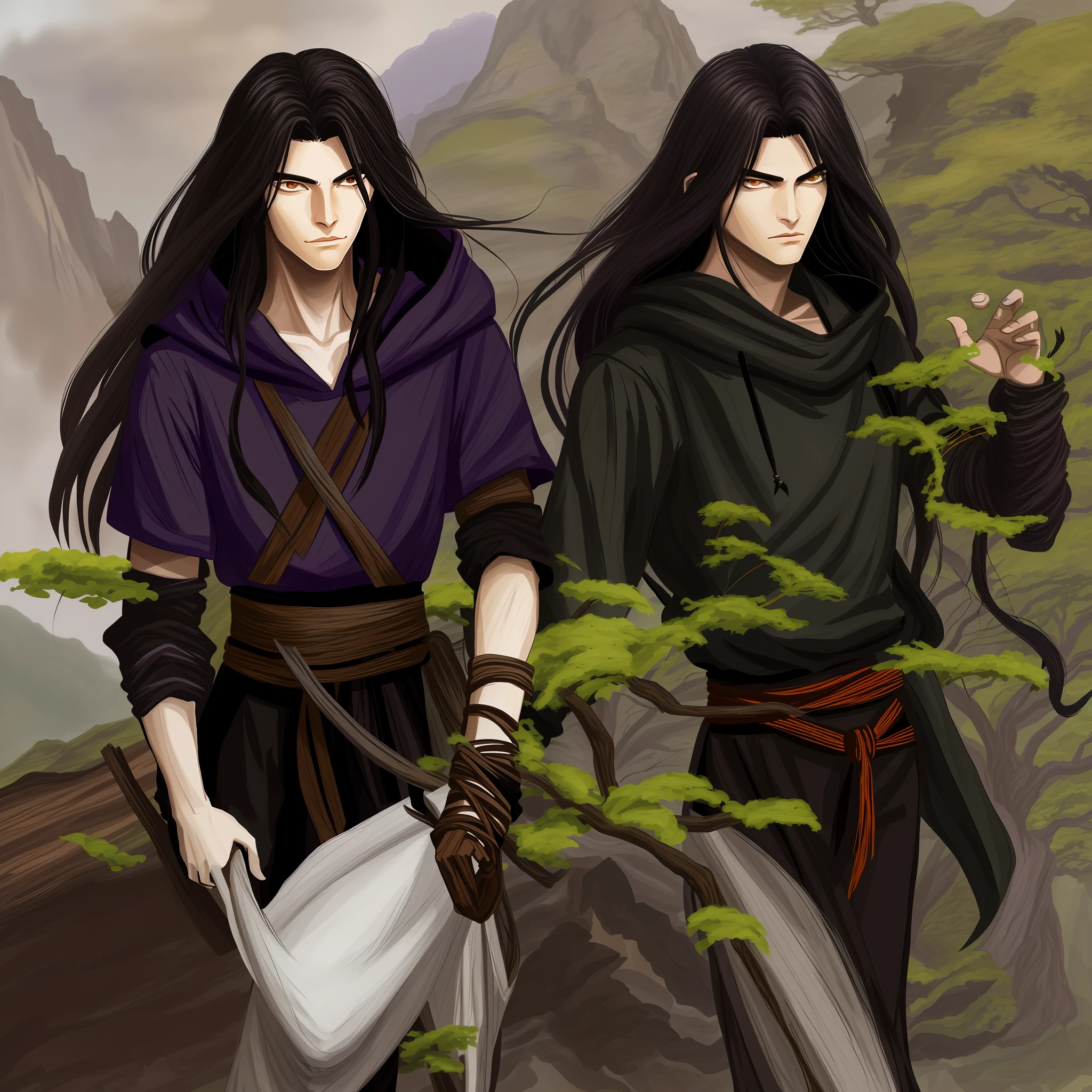 a 17 year old boy, long black hair style uchira madara, serene face, black rustic tunic with hood on the back, dark eyes, calm look and serenity, rustic rogue style, scenery with a portal, black rogue outfit details in brown, purple circular portal background, portal in the background, sorcerer style