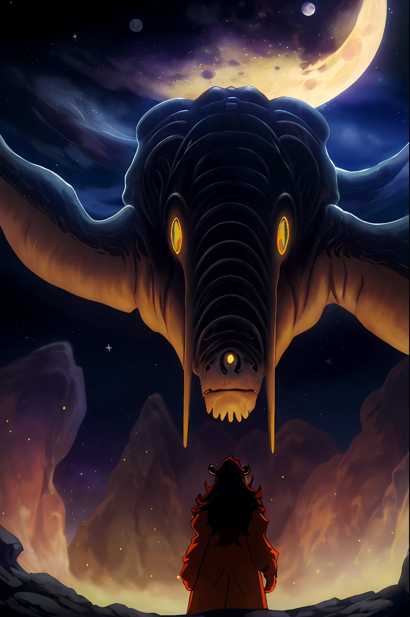 Distant photo of a detailed platypus looking at it, 1head per body, 4legs per body, no more than 1lions, (dark night, big moon, many stars, universe, alien planet background), digital painting, art station, concept art, breathtaking, high detail, very detailed, beautiful, scenery photos, hyperrealism, Unreal Engine 5,