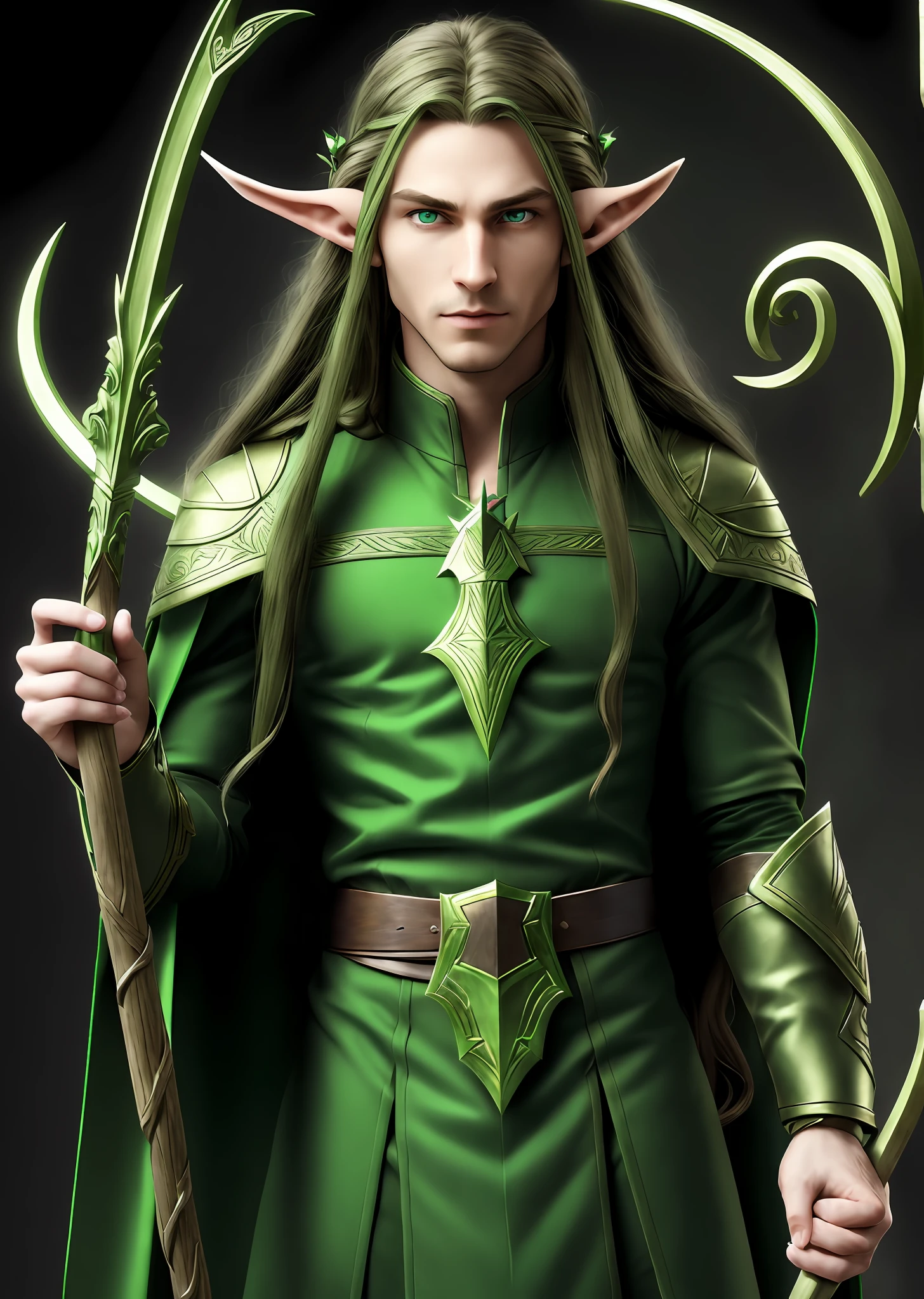 (ultra-detailed, high resolution, exciting) male elf, (angular, long hair, green), (green eyes: 1.2 | blue eyes), wearing (green elf robes), holding a staff with a carnivorous plant, elegant and gloomy face, elegant style