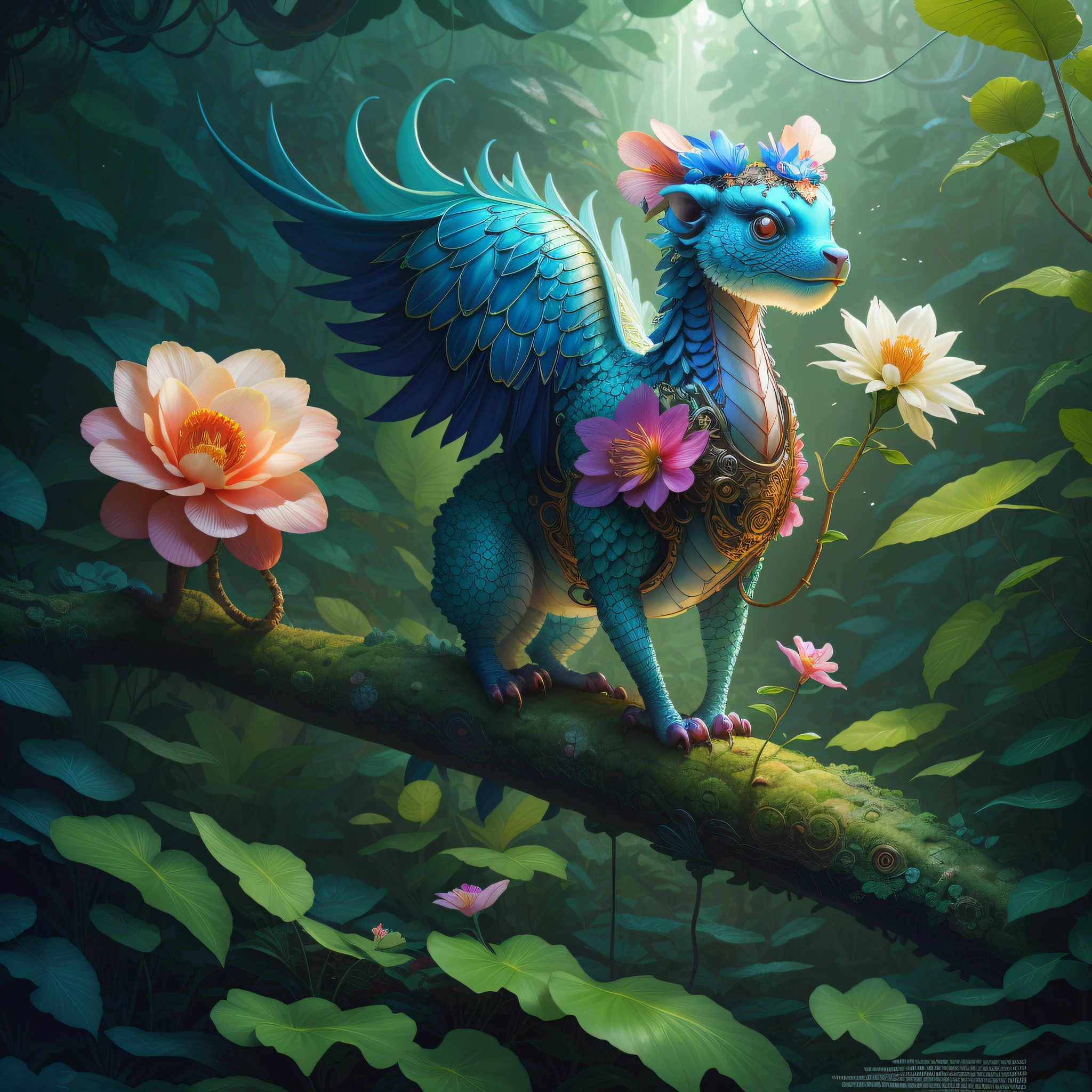 "Extremely hyper-realistic realistic cute creature holding a flower in the vast jungle by James Jean and Android Jones: Jeff Koons: Erin Hanson: Joe Fenton: Dan Mumford: Professional photography, natural lighting, volumetric lighting, minimalist photography illustration, 8k resolution concept art, complex detail, complex, elegant, vast, fantastical:"