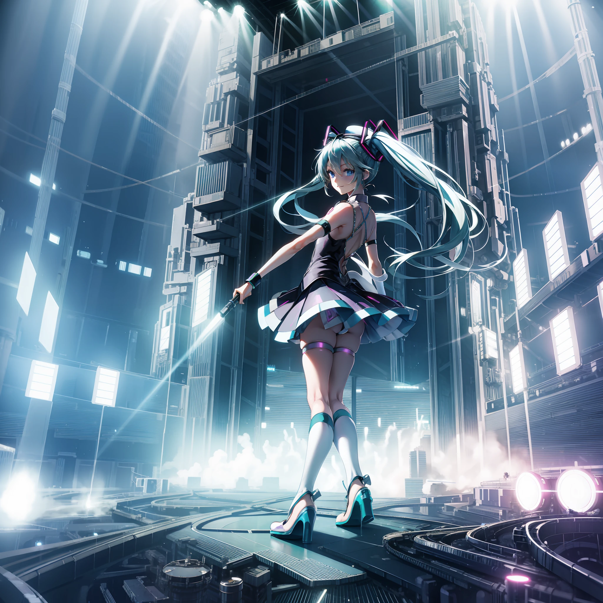 CG anime girl diva "Hatsune Miku" with silver-colored pigtails, vivid blue eyes, and a charming smile, performing on-stage in a futuristic world, surrounded by vibrant neon lights, smoke, and laser beams, with crowds of excited fans cheering and waving lightsticks in the background.