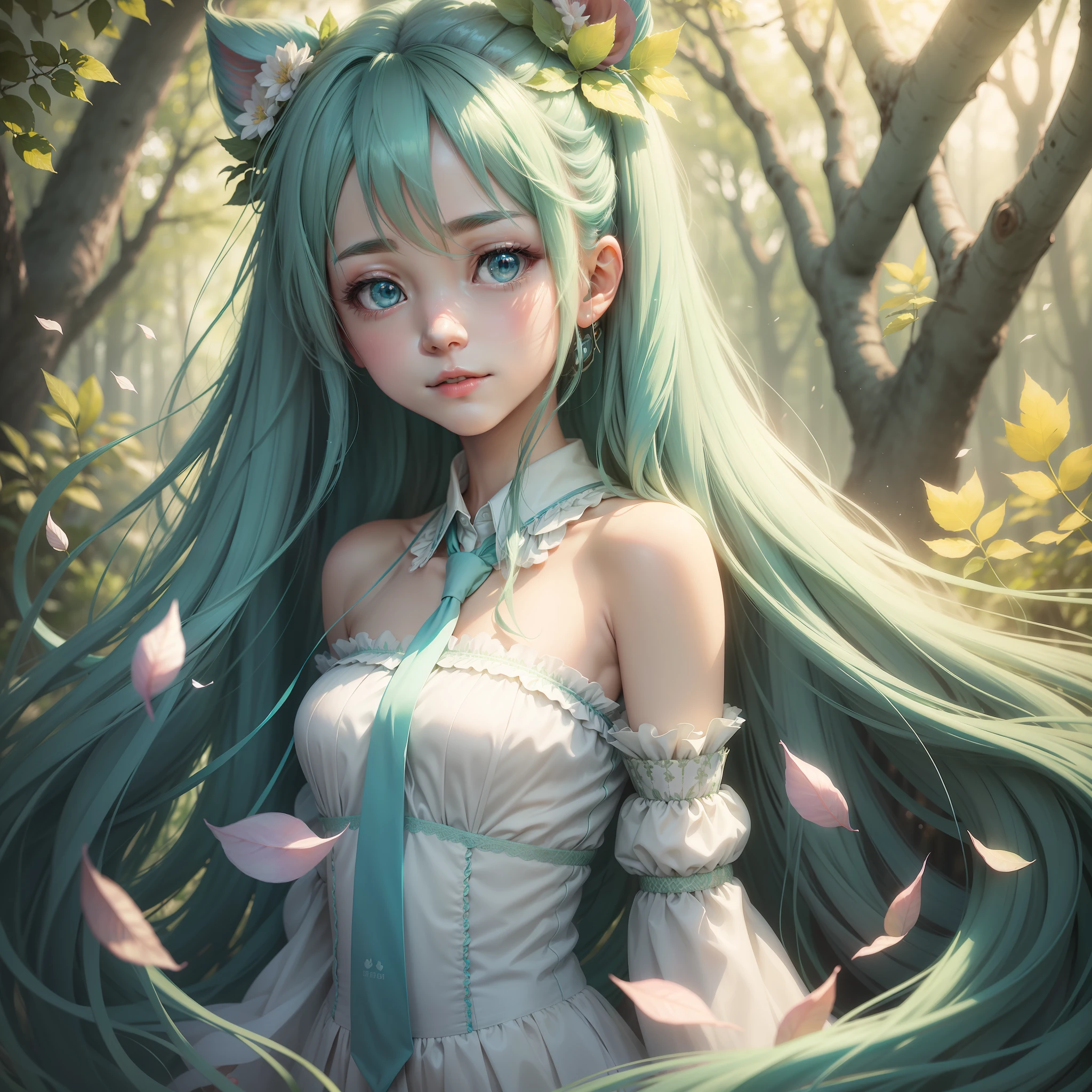Detailed and realistic CG portrait of Hatsune Miku, floating in a dreamy and ethereal atmosphere. Illuminated by a soft and glowing light, Miku has an adorable expression with sparkling blue eyes and green hair. The background features a mix of vibrant colors and pastel shades, with floating petals, leaves, and a blurry forest in the distance.