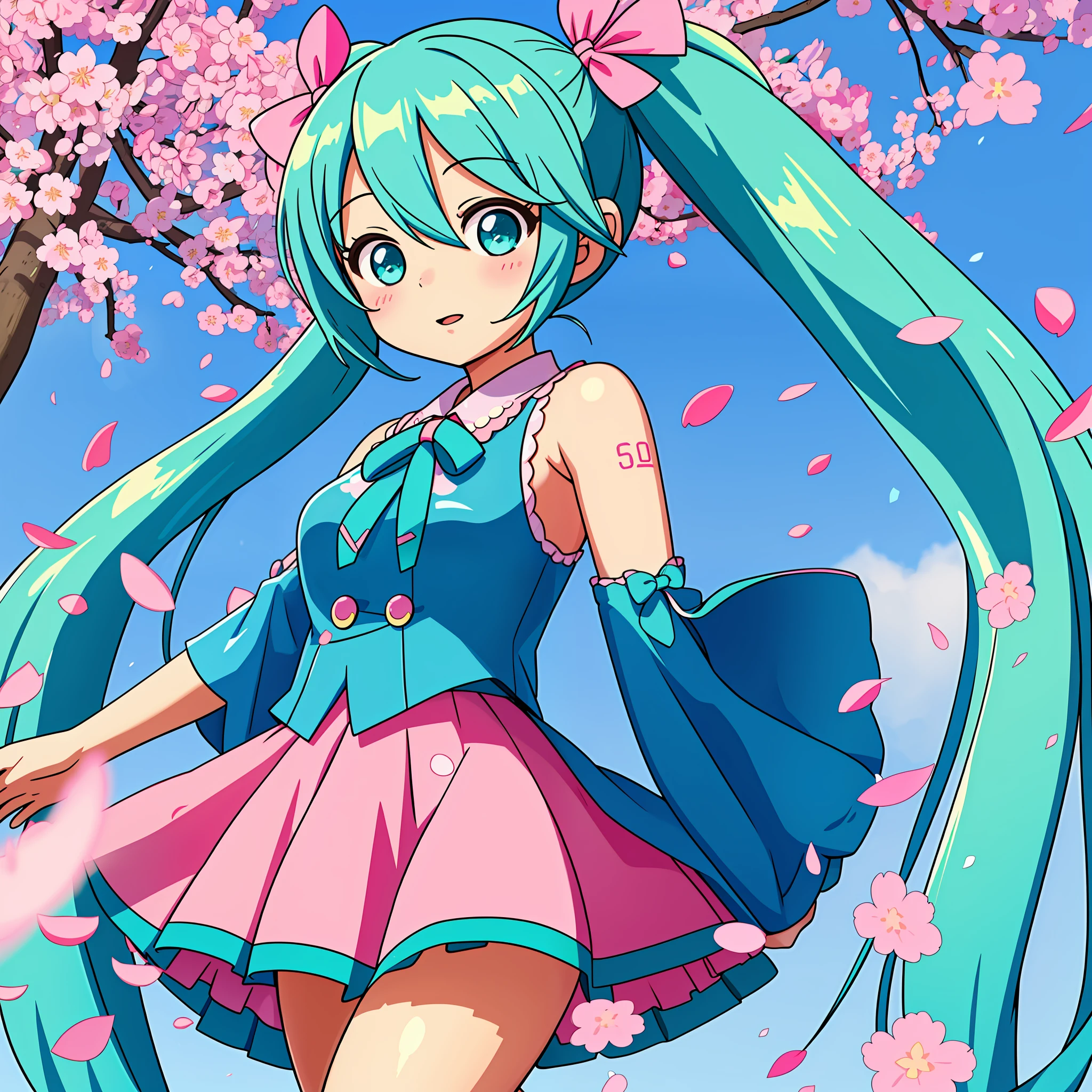 An adorable and cute anime-style Hatsune Miku with blue-green twintails, her signature outfit with a pink ribbon, dynamic and energetic pose, surrounded by cherry blossoms and sakura petals floating in the air with magical sparkles and bokeh effects.