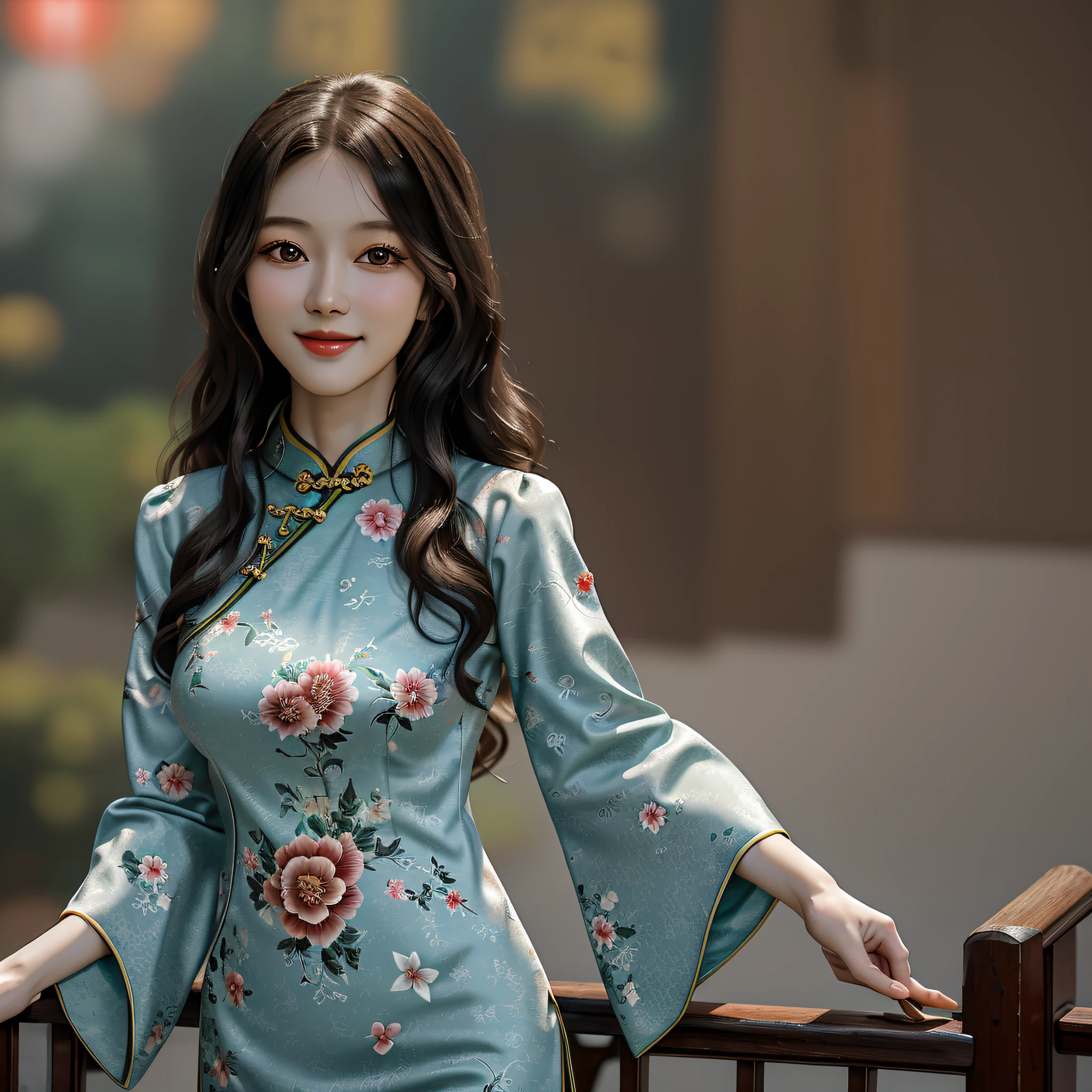 masterpiece, best quality, ultra realistic, hyper-detailed, 8k resolution, RAW photo, (1girl), gorgeous face, Japanese and Russian mix, perfect body, mature female, 30yo, cheongsam, happy, posing for photo, long curly hair, messy hair, smile