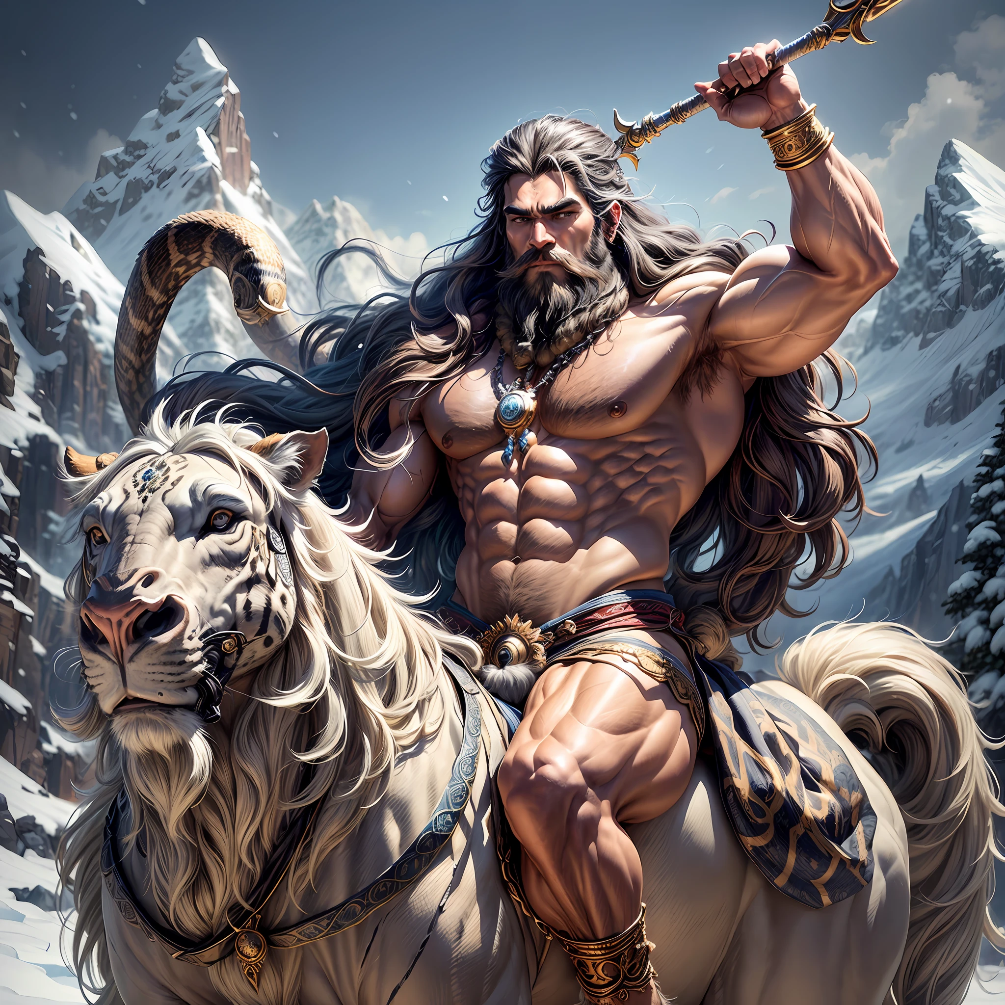 (extremely detailed and lifelike masterpiece), best quality, classic art style, (a majestic portrayal of the powerful Lord Shiva), himalayan caveman, well built muscular body, blue neck, (long hair and beard flowing gracefully in the wind), wearing leopard skin cloth, (a majestic snake wrapped around his neck), (riding an ox with great strength and grace), intensely blue eyes, (suspended in a serene snow-filled mountain landscape), holding a trident firmly in his hand, (radiating an aura of intense power and spiritual energy), perfect anatomy, no missing body parts --auto --s2