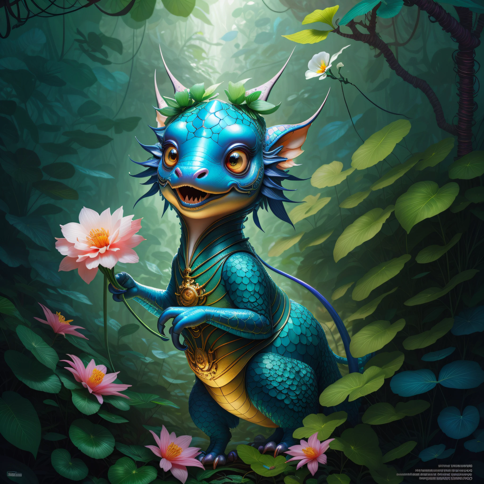 "Extremely hyper-realistic realistic cute creature holding a flower in the vast jungle by James Jean and Android Jones: Jeff Koons: Erin Hanson: Joe Fenton: Dan Mumford: Professional photography, natural lighting, volumetric lighting, minimalist photography illustration, 8k resolution concept art, complex detail, complex, elegant, vast, fantastical:"