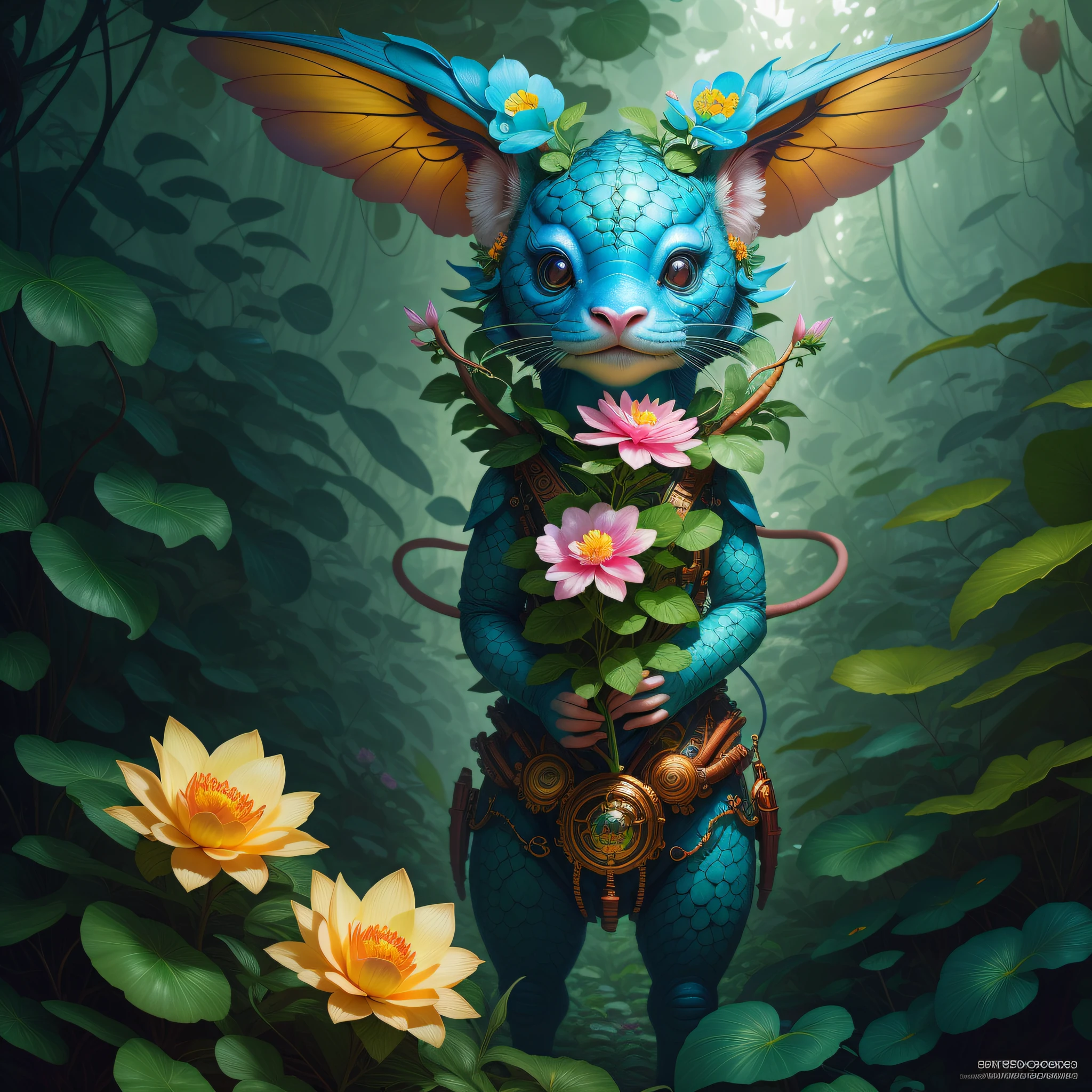 "Extremely hyper-realistic realistic cute creature holding a flower in the vast jungle by James Jean and Android Jones: Jeff Koons: Erin Hanson: Joe Fenton: Dan Mumford: Professional photography, natural lighting, volumetric lighting, minimalist photography illustration, 8k resolution concept art, complex detail, complex, elegant, vast, fantastical:"