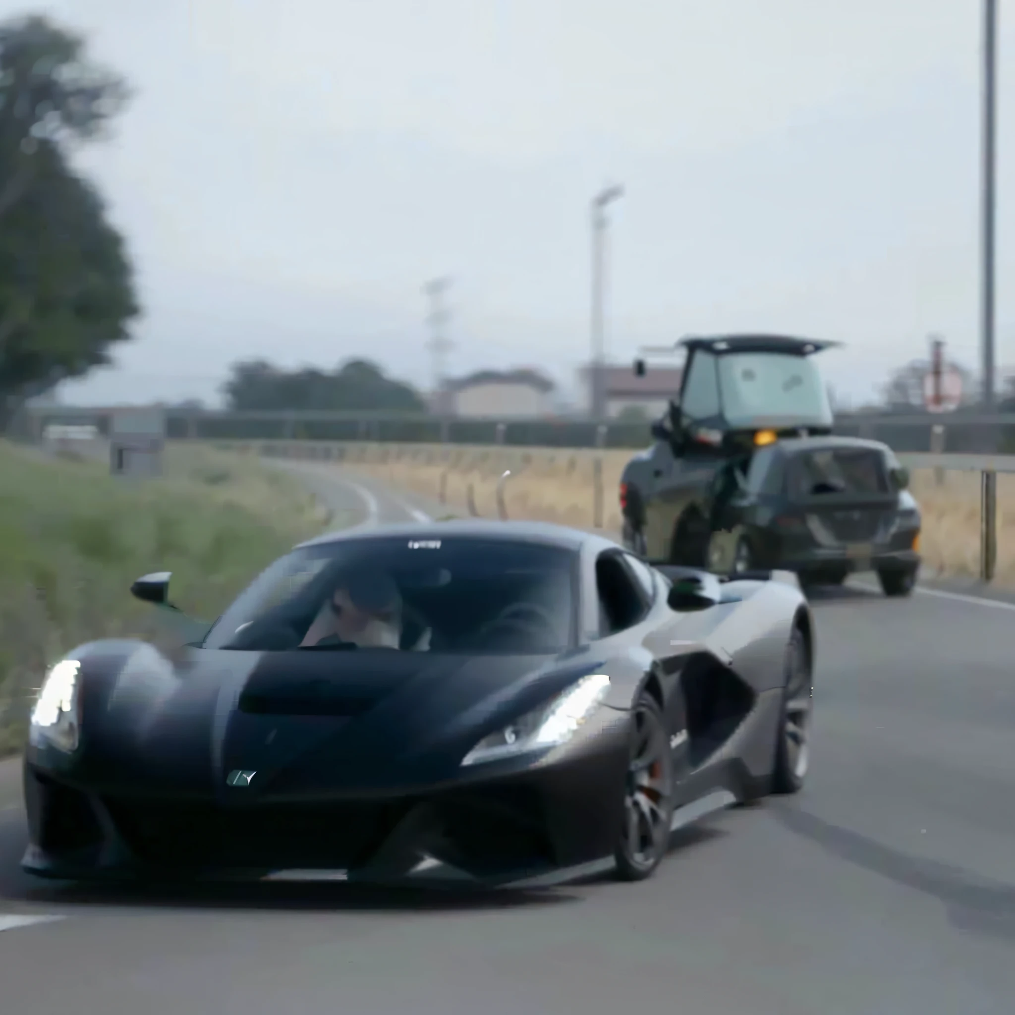 A black sports car driving on the road, extremely strong wind, high-speed chase, high wind, HD quality, 4K picture quality, handsome sports car on the highway, the car moves fast, the license plate says SAROTIN, there are no cars and people around.