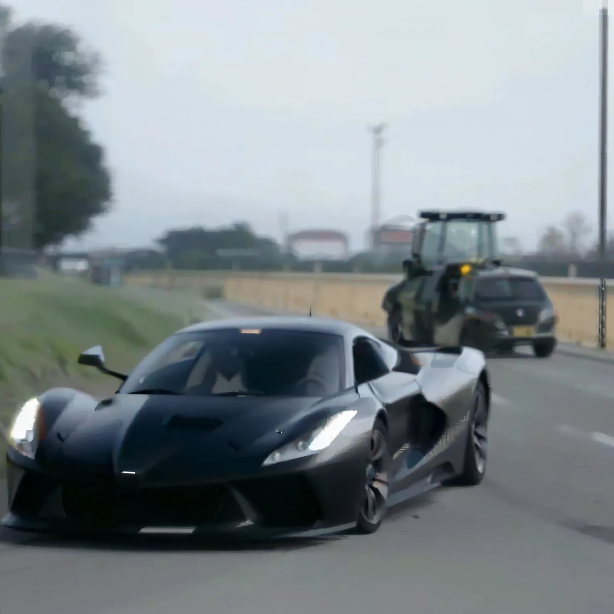 A black sports car driving on the road, extremely strong wind, high-speed chase, high wind, HD quality, 4K picture quality, handsome sports car on the highway, the car moves fast, the license plate says SAROTIN, there are no cars and people around.