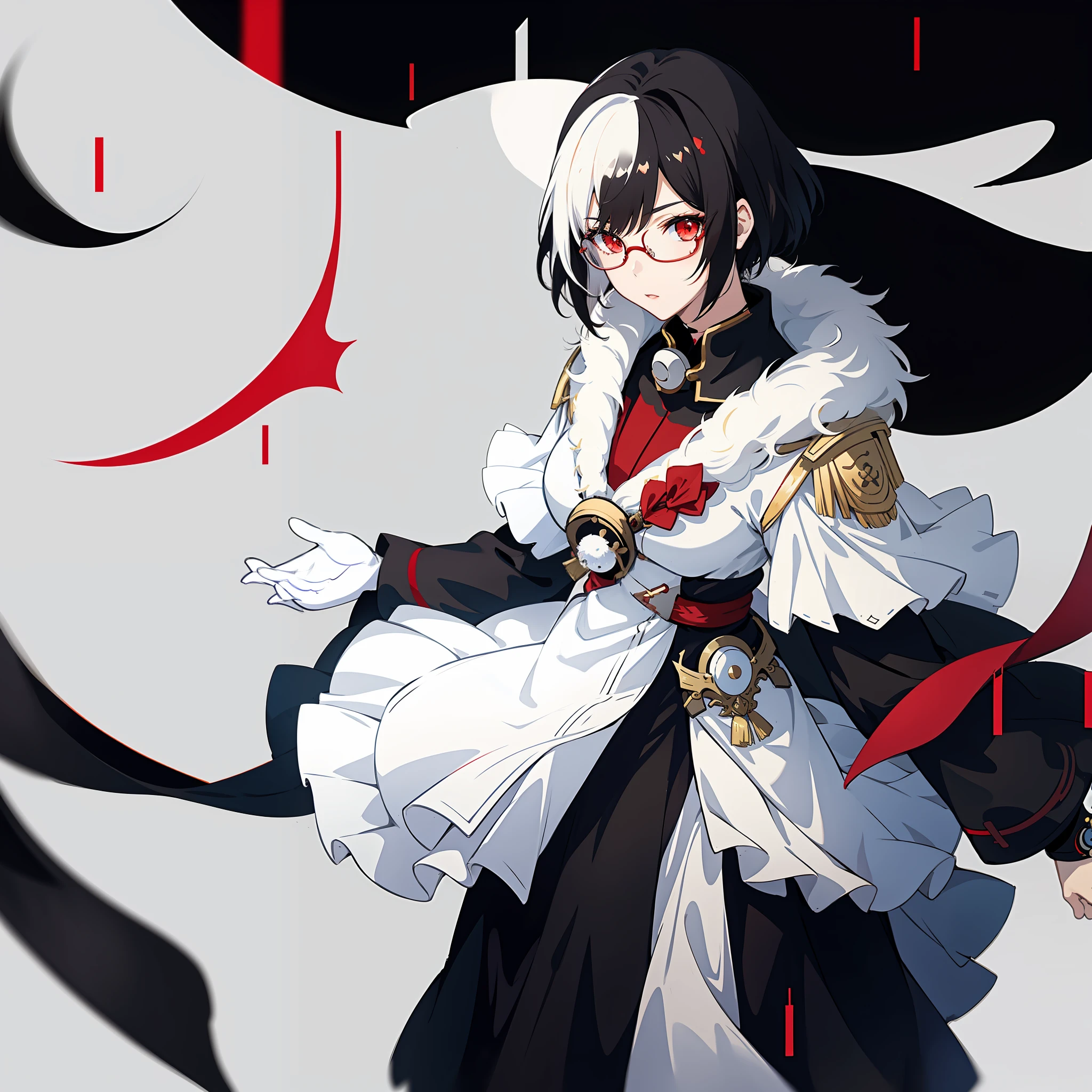 Only 1 anime female with short black hair and red eyes wearing a white imperial, onmyoji portrait, azur lane style, beautiful anime female, anime moe artstyle, cute anime, attractive, anime 21yo Female, black and white hair style, wear glasses