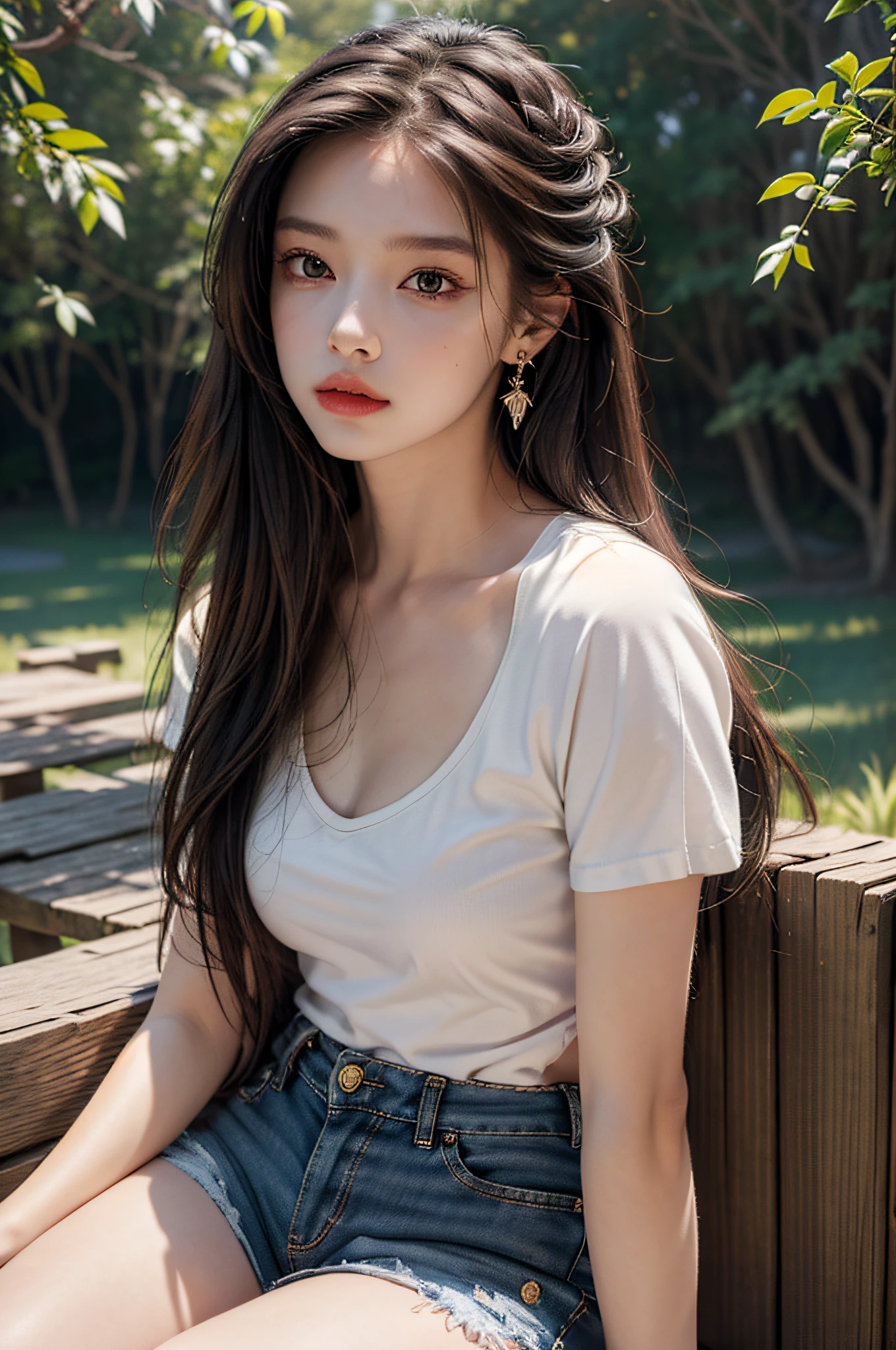 Best quality, masterpiece, super high resolution, (realistic: 1.4), original photo, (evening street), 1 girl, black eyes, looking at the audience, long hair, light makeup, lips, small ears, white t-shirt, denim shorts, earrings, sitting Ferrari, big breasts, slim