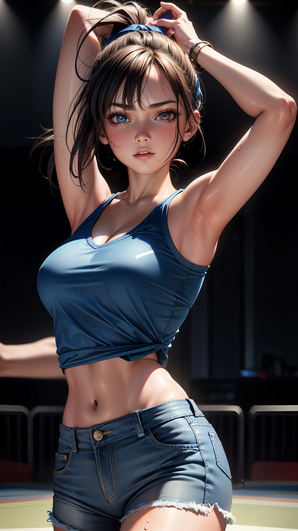 Superior Quality, Masterpiece, Ultra High Resolution, (Photorealistic: 1.4), girl, cheerleader, dancing, dynamic pose, blue top, blue shorts, jean shorts, ponytail hair, brown hair, brown eyes, sweaty