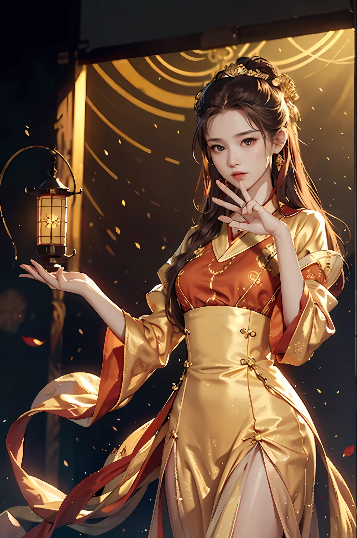 Superb Quality, Masterpiece, High Resolution, (Exquisite Body: 1.5), Stunning Beauty, (Milky Skin: 1.3), Exquisite Details, High Resolution, Wallpaper, 1 Woman, Solo, Dress, Hair Accessories, ((((Golden Red Dress)) ), Flower, Long Hair, Brown Hair, Shut Up, Accessories, Long Legs, Raised Hand, Wide Sleeves, Big Eyes, Flowing Hair, Hanfu, Hanfu, Embroidery, Long Skirt, Natural Pose, Falling Petals, Indoor, Hot, Lantern, 16K, HDR, High Resolution, Depth of Field, (Film Grae: 1.1), Bocon, Primetime, (Lens Glow), Vignette, Rainbow, (Color Grading: 1.5)