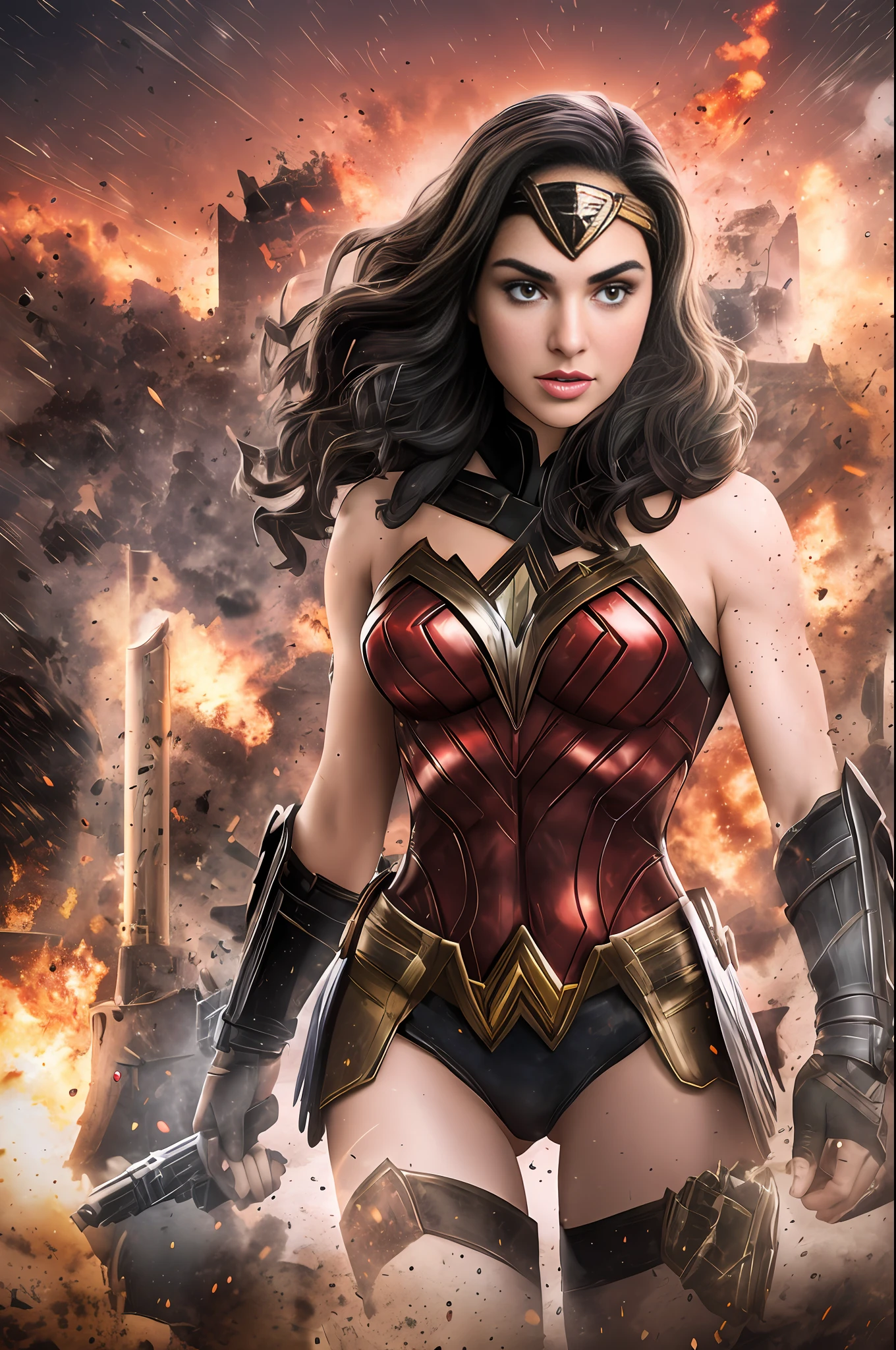 Gal Gadot as Wonder Woman and Ben Affleck as Batman, backgroud WWII tanks and soldiers with explosions, sky red, action scene, realistic, Fujifilm XT3, detailed, high definicion, ultra resolution, 64k, --auto --s2