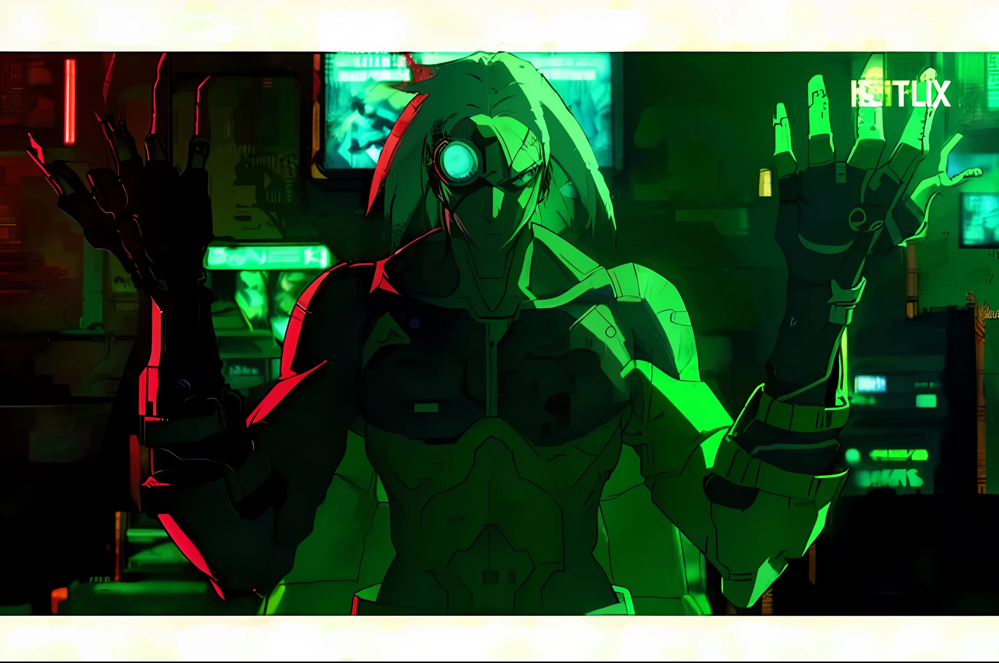 a close up of a person in a green outfit holding a gun, metal gear solid anime cyberpunk, neon scales and cyborg tech, guilty gear strive graphics, digital cyberpunk anime!!, digital cyberpunk - anime art, digital cyberpunk anime art, modern cyberpunk anime, cyberpunk anime art, akira anime cyberpunk, anime cyberpunk art, muscular! cyberpunk, anime mecha aesthetic