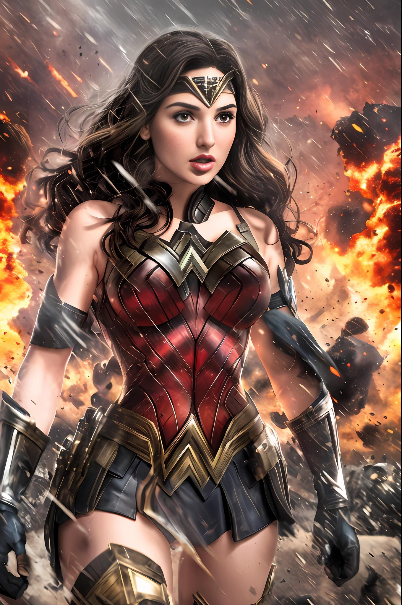 Gal Gadot as Wonder Woman and Ben Affleck as Batman, backgroud WWII tanks and soldiers with explosions, sky red, action scene, realistic, Fujifilm XT3, detailed, high definicion, ultra resolution, 64k, --auto --s2