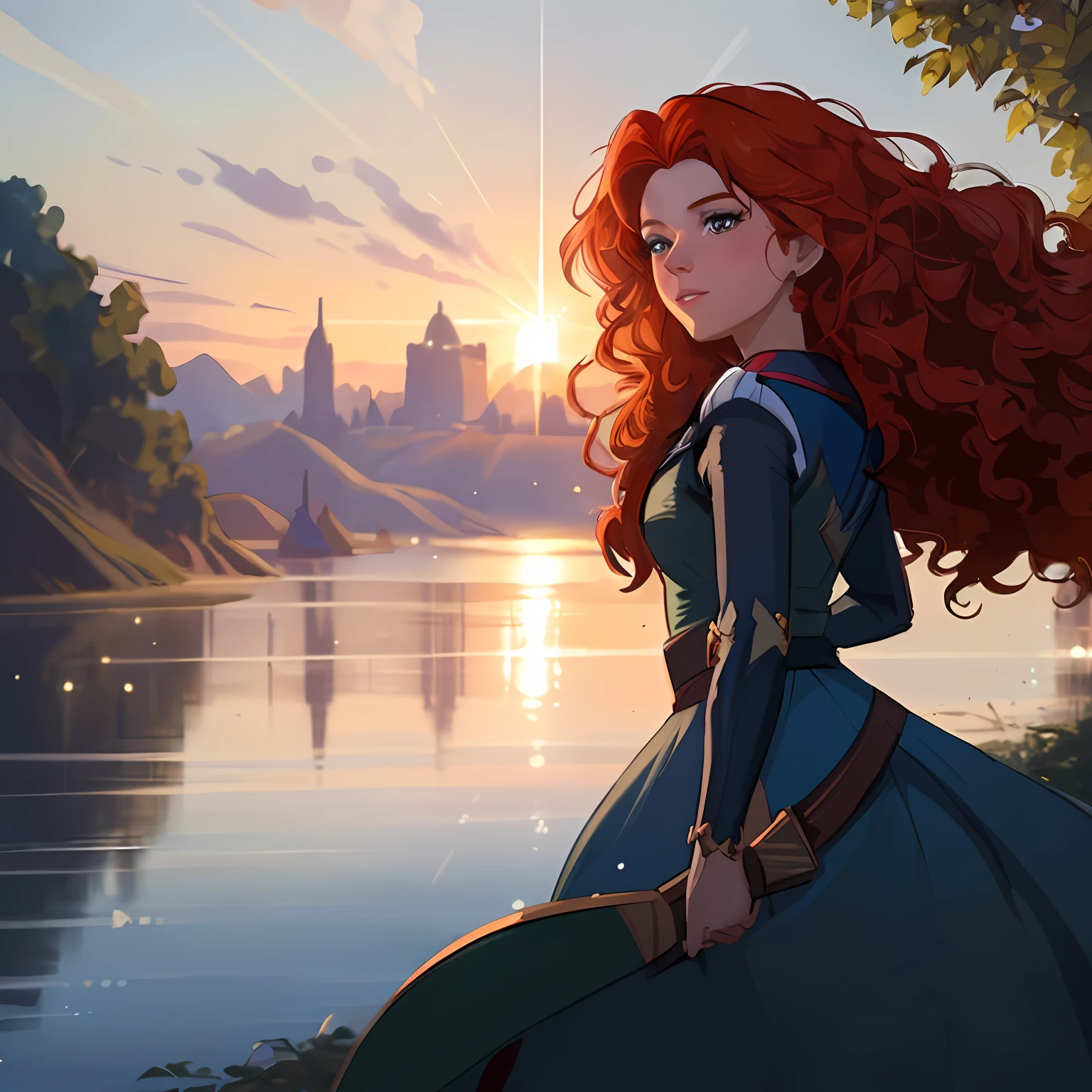 a close up of a woman with long red hair standing near a lake, portrait of princess merida, artgerm and atey ghailan, disney art style, disney concept art, shallan davar, art in the style of disney, atey ghailan 8 k, disney artstyle, alena aenami and artgerm, disney