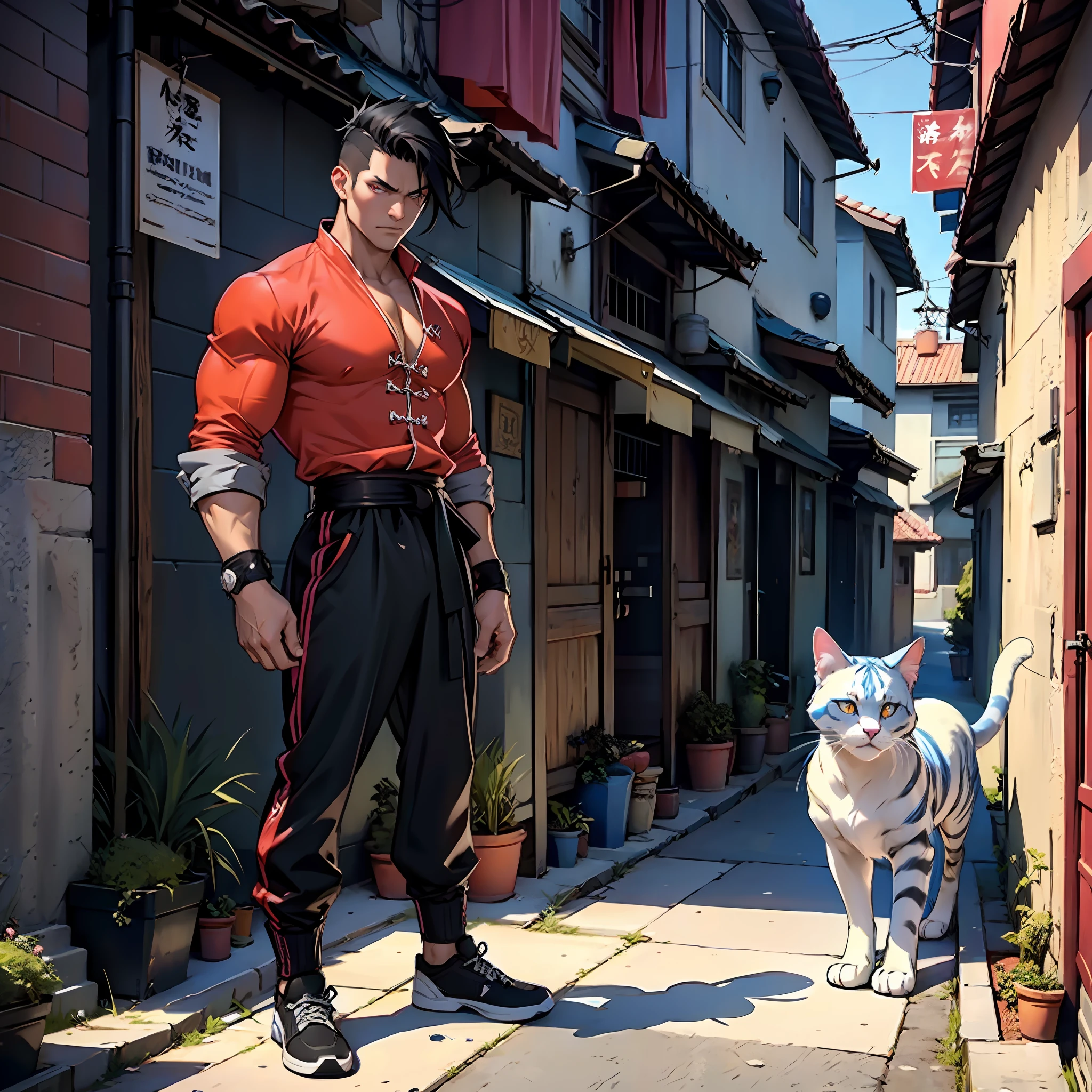muscular man, defined body, developed body, kung fu fighter, red blouse with buttons, long black pants, black belt at the waist, spiky hair, short black hair (hair with pink locks at the ends), wrestler's shoes, serious look, orange colored eyes, fantasy kingdom, medieval scenery, crouched in the alley next to a blue cat, cat with starry and bluish fur, cat staring at man, man looking at cat.