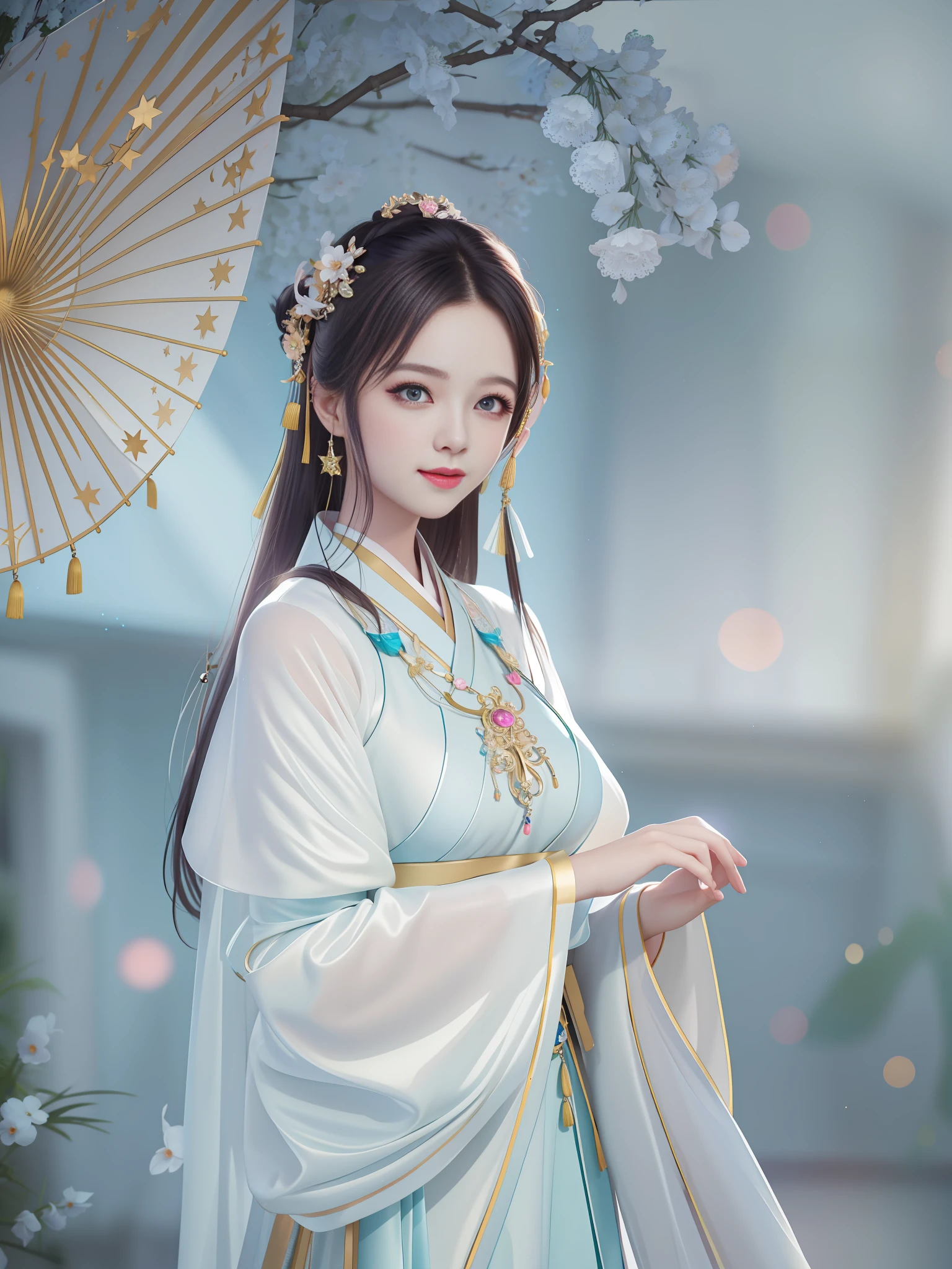 best quality, masterpiece, high resolution, 1 girl, blush, breasts, big breasts, bandeau, cleavage, (seductive smile:0.8), star pupils, chinese hanfu, hair accessories, necklace, jewelry, beautiful face, upon_body, tyndall effect, realistic, dark studio, edge lighting, duotone lighting, (high detail skin: 1.2), 8k ultra hd, dslr camera, soft lighting, high quality, volumetric lighting, frank, photos, high resolution, 4k, 8k, bokeh, White dress