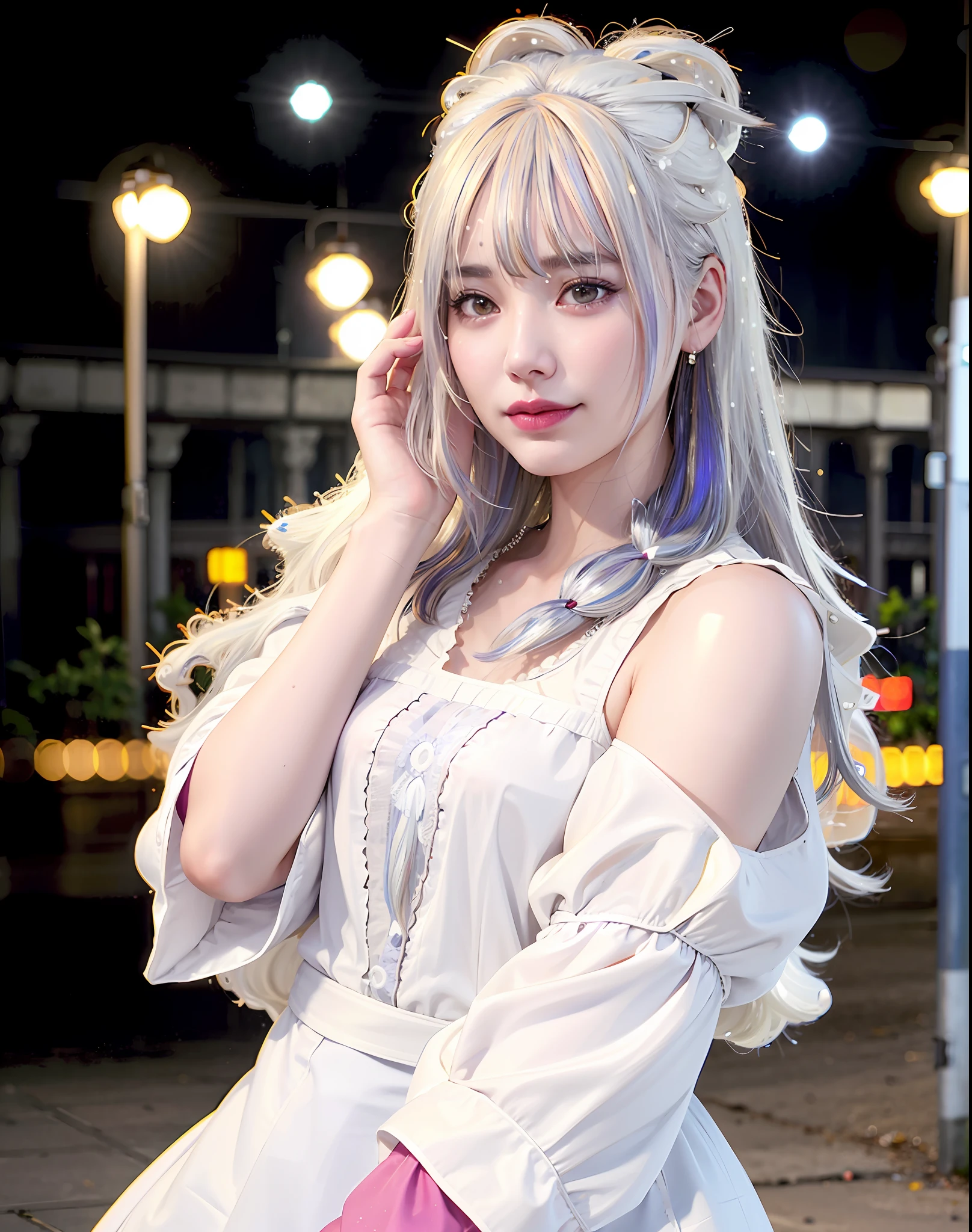 best quality, photorealistic, 8k, high res, 1girl, woman,(skindentation), (large breast), (professional lighting, bokeh), (street), (people, crowds:0.6), market, (night:1.2),(white hair:2.0), (blouse:1.5), (portait:0.6), gorgeous, bloom, (floating hair),(light particles, lens flare, glowing particles:0.6), (dynamic pose:1.2), soft lighting,