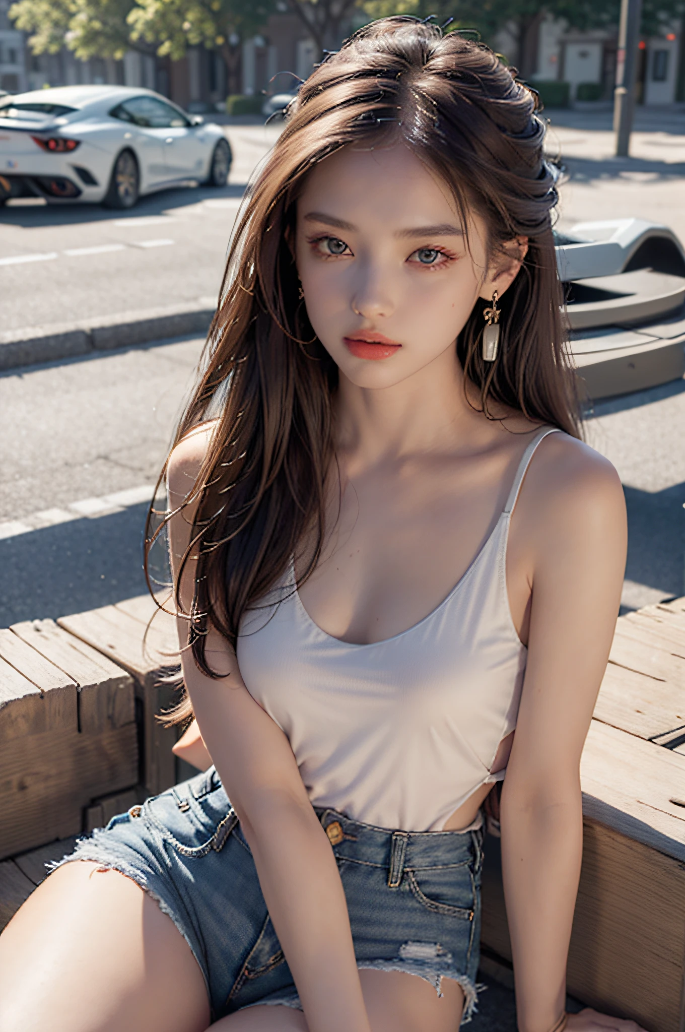 Best quality, masterpiece, super high resolution, (realistic: 1.4), original photo, (evening street), 1 girl, black eyes, looking at the audience, long hair, light makeup, lips, small ears, white t-shirt, denim shorts, earrings, sitting Ferrari, big breasts, slim